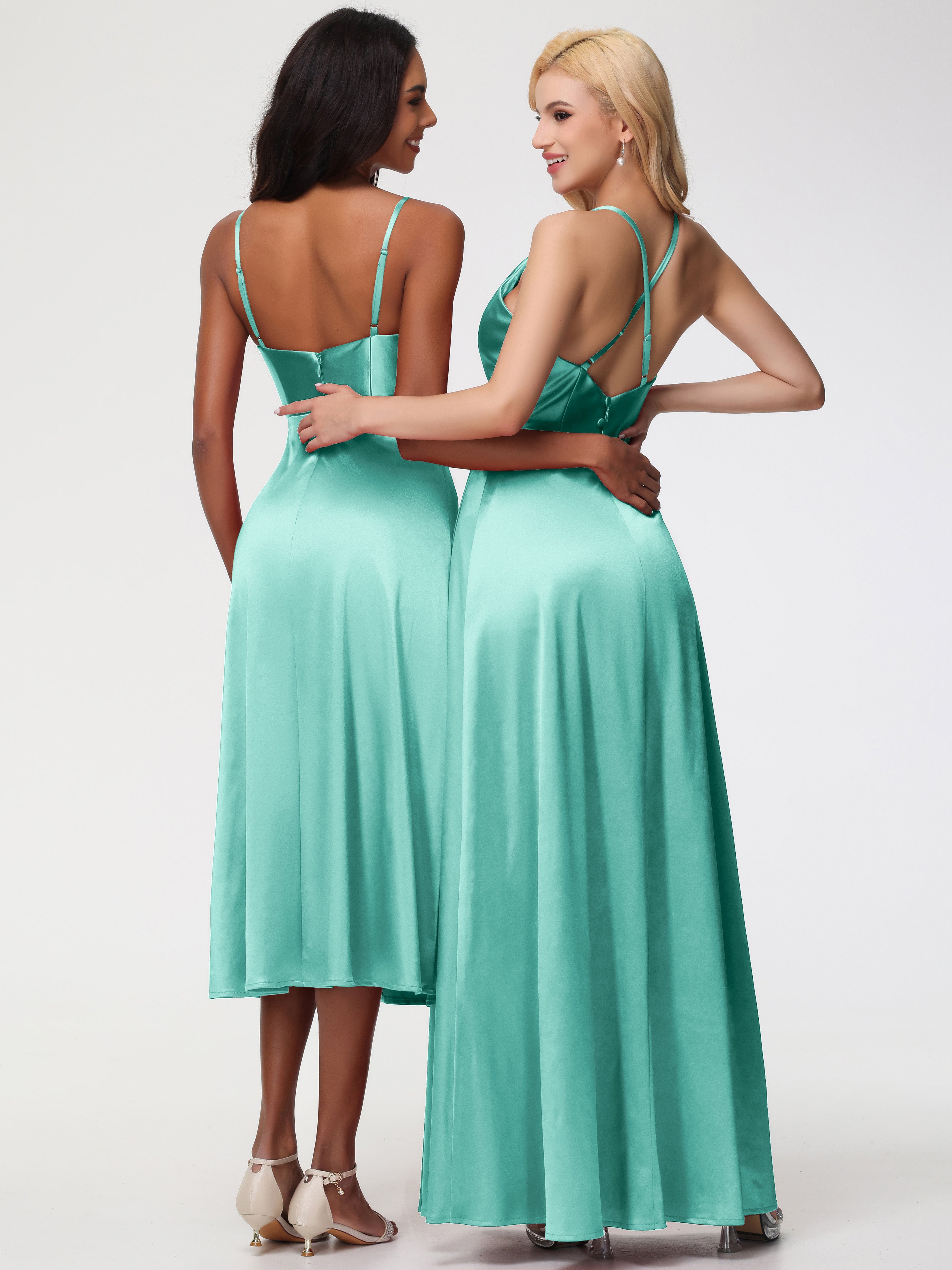 Robes De Demoiselle D'Honneur Vert Menthe Trapèze Col Bénitier Fendue Longueur Ras Du Sol Satin Extensible Robe De Demoiselle D'Honneur