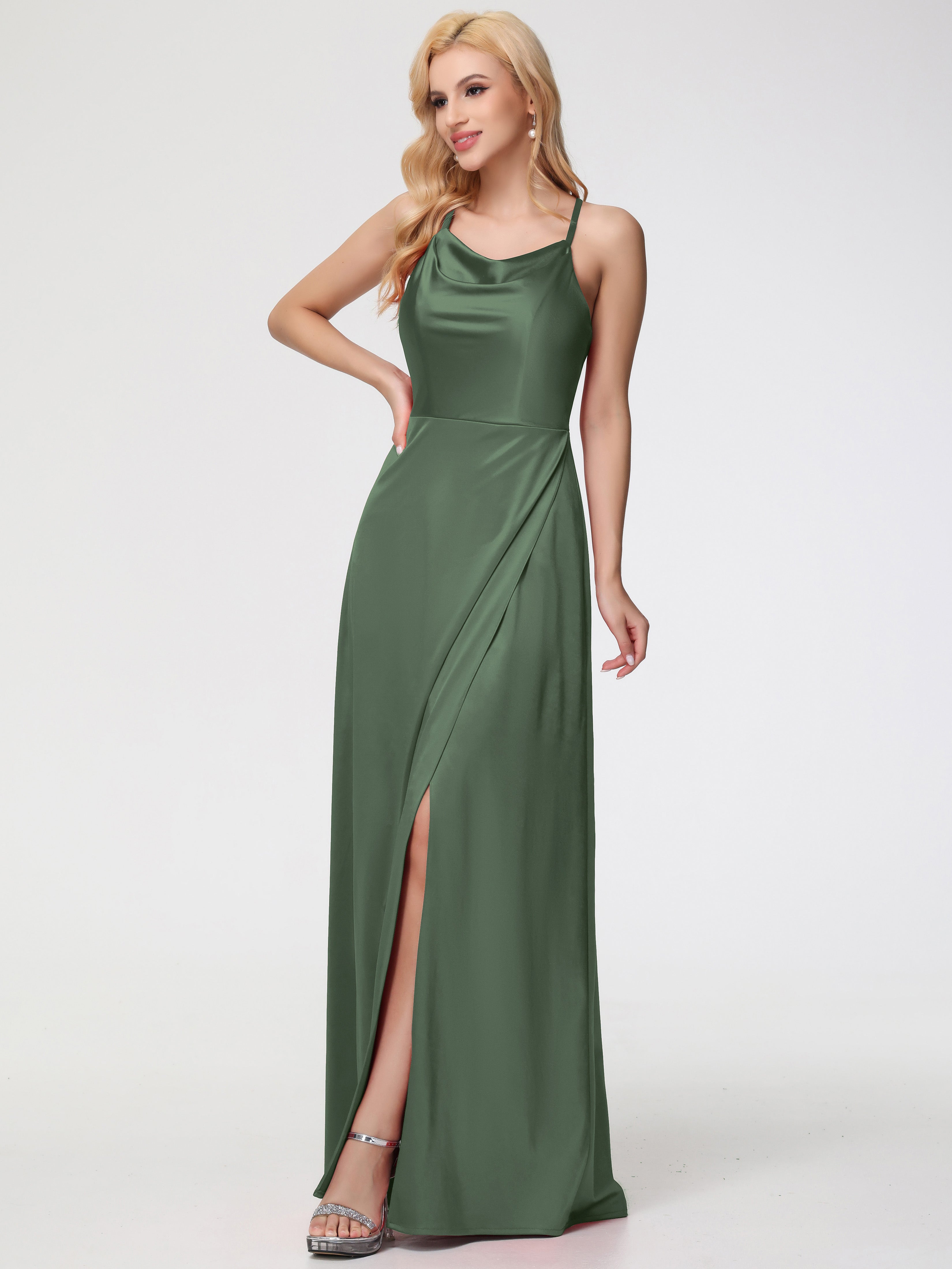 Robes De Demoiselle D'Honneur Olive Trapèze Col Bénitier Fendue Longueur Ras Du Sol Satin Extensible Robe De Demoiselle D'Honneur