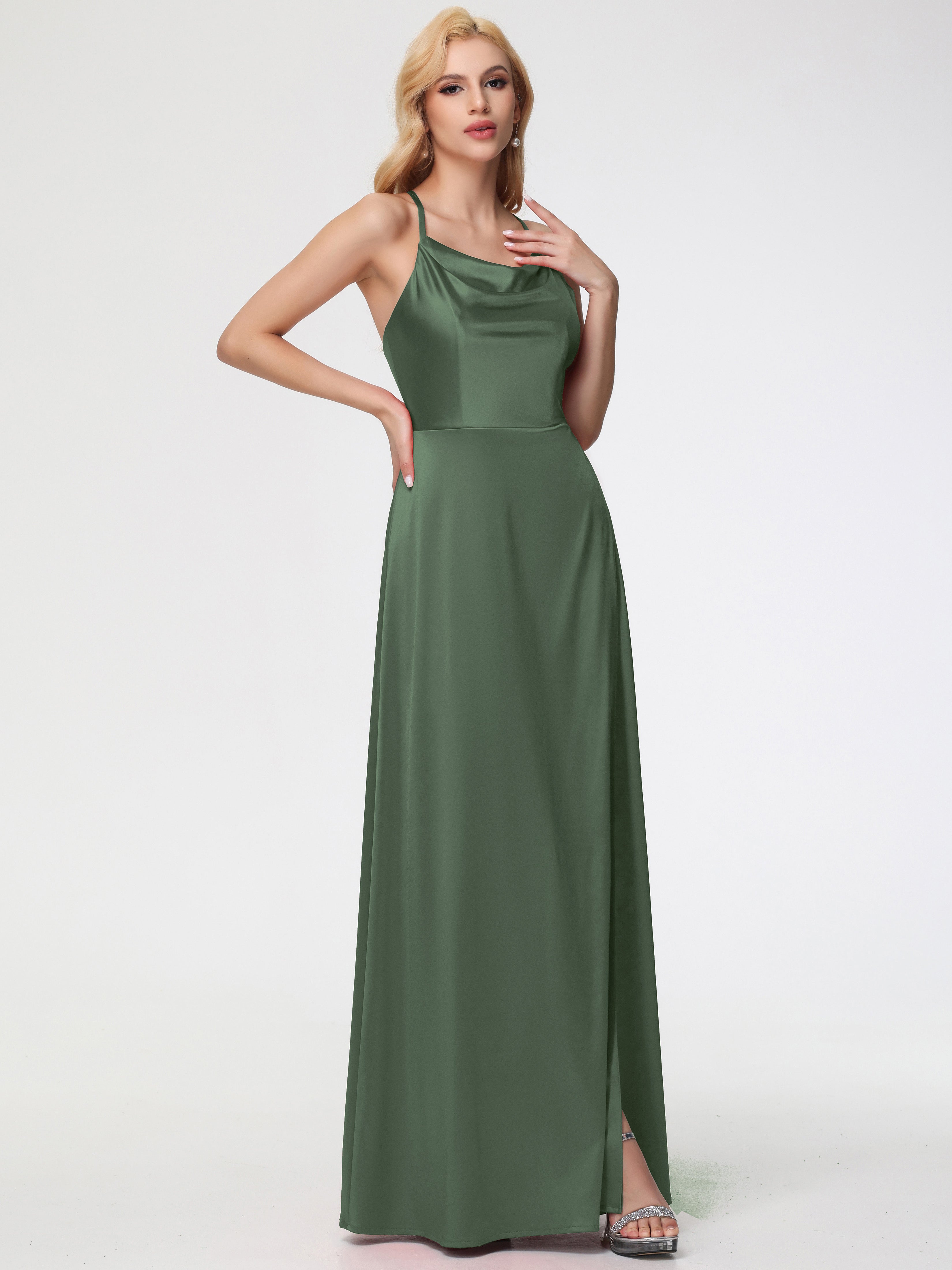 Robes De Demoiselle D'Honneur Olive Trapèze Col Bénitier Fendue Longueur Ras Du Sol Satin Extensible Robe De Demoiselle D'Honneur