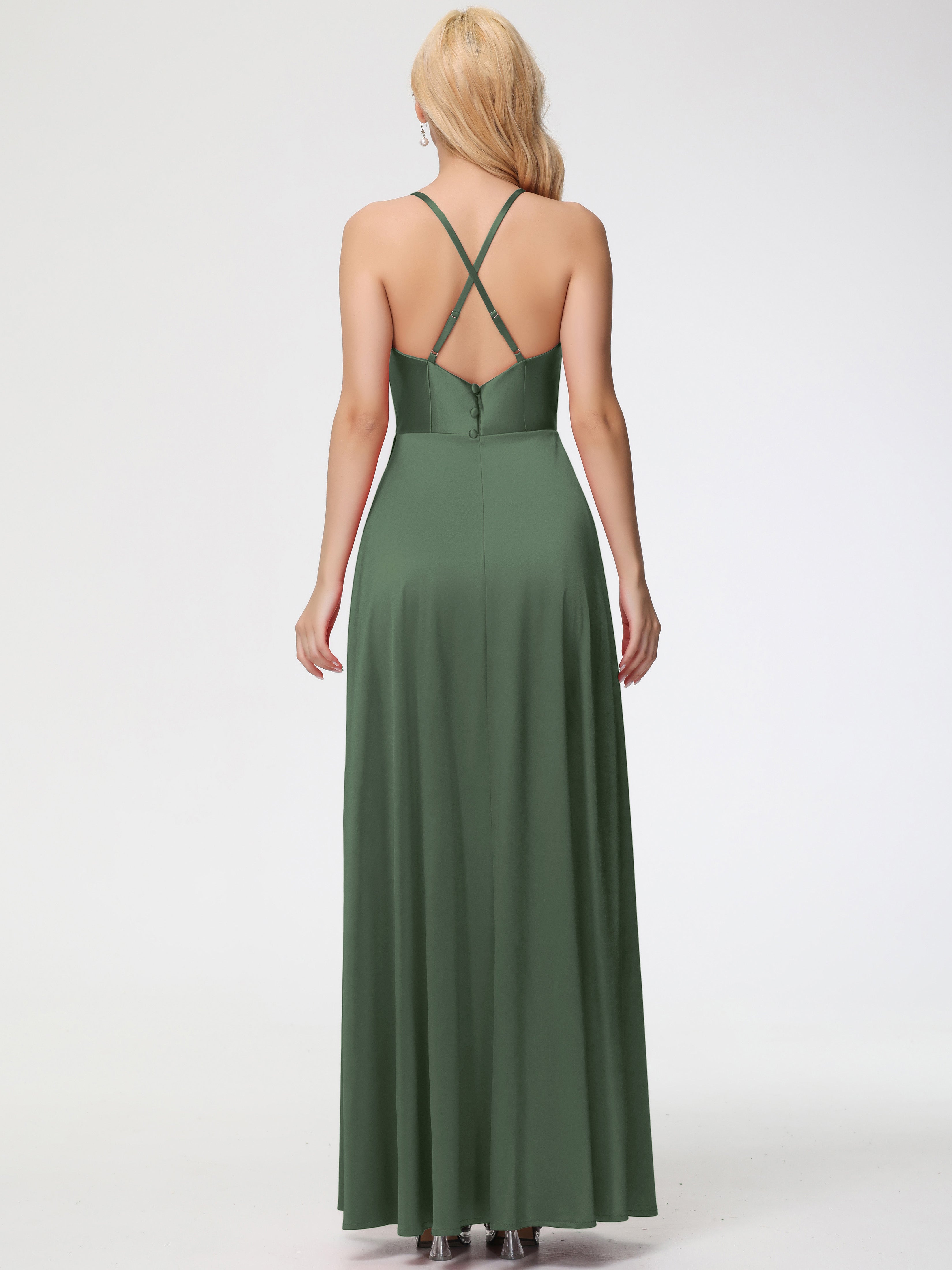 Robes De Demoiselle D'Honneur Olive Trapèze Col Bénitier Fendue Longueur Ras Du Sol Satin Extensible Robe De Demoiselle D'Honneur