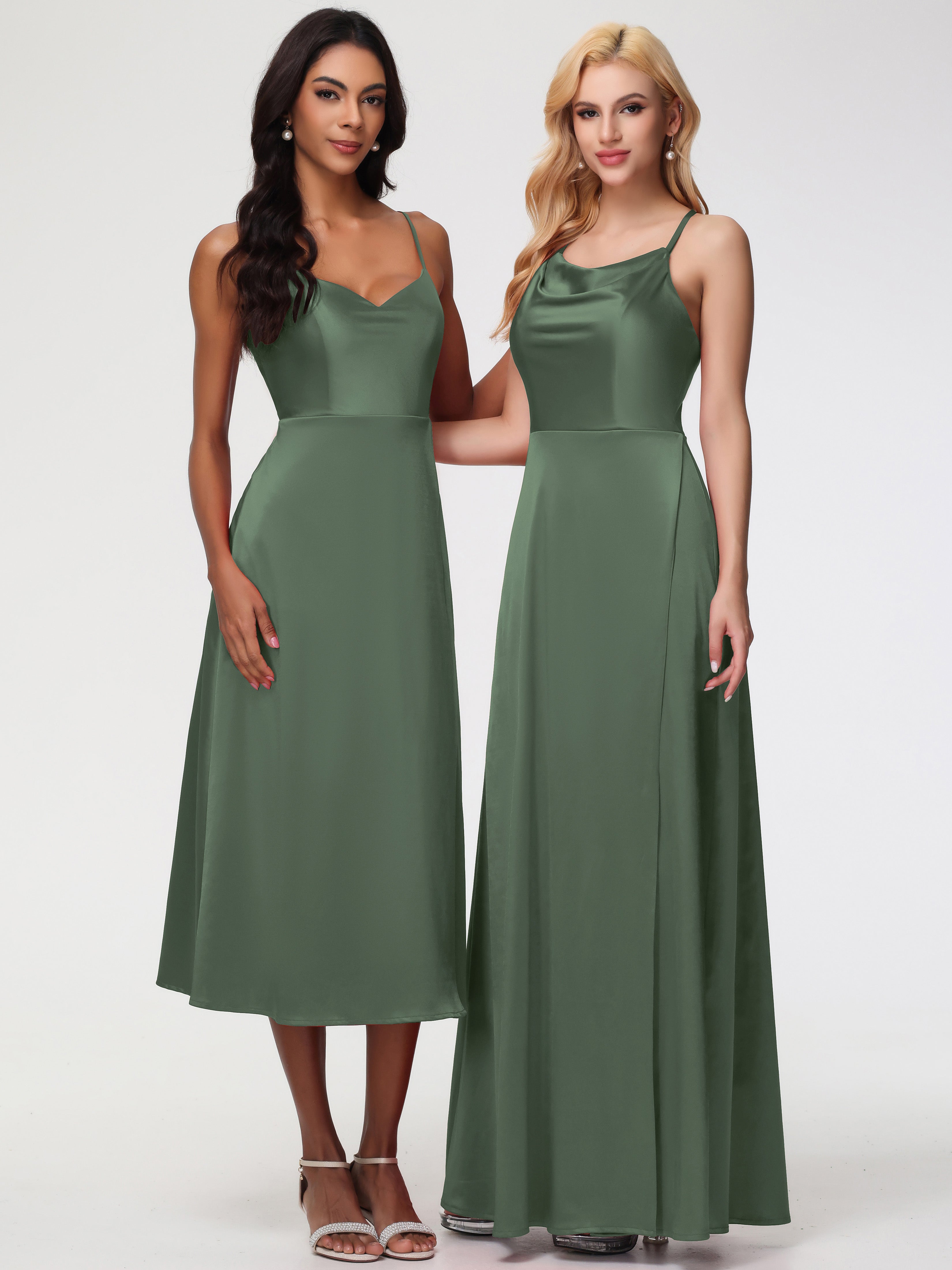 Robes De Demoiselle D'Honneur Olive Trapèze Col Bénitier Fendue Longueur Ras Du Sol Satin Extensible Robe De Demoiselle D'Honneur