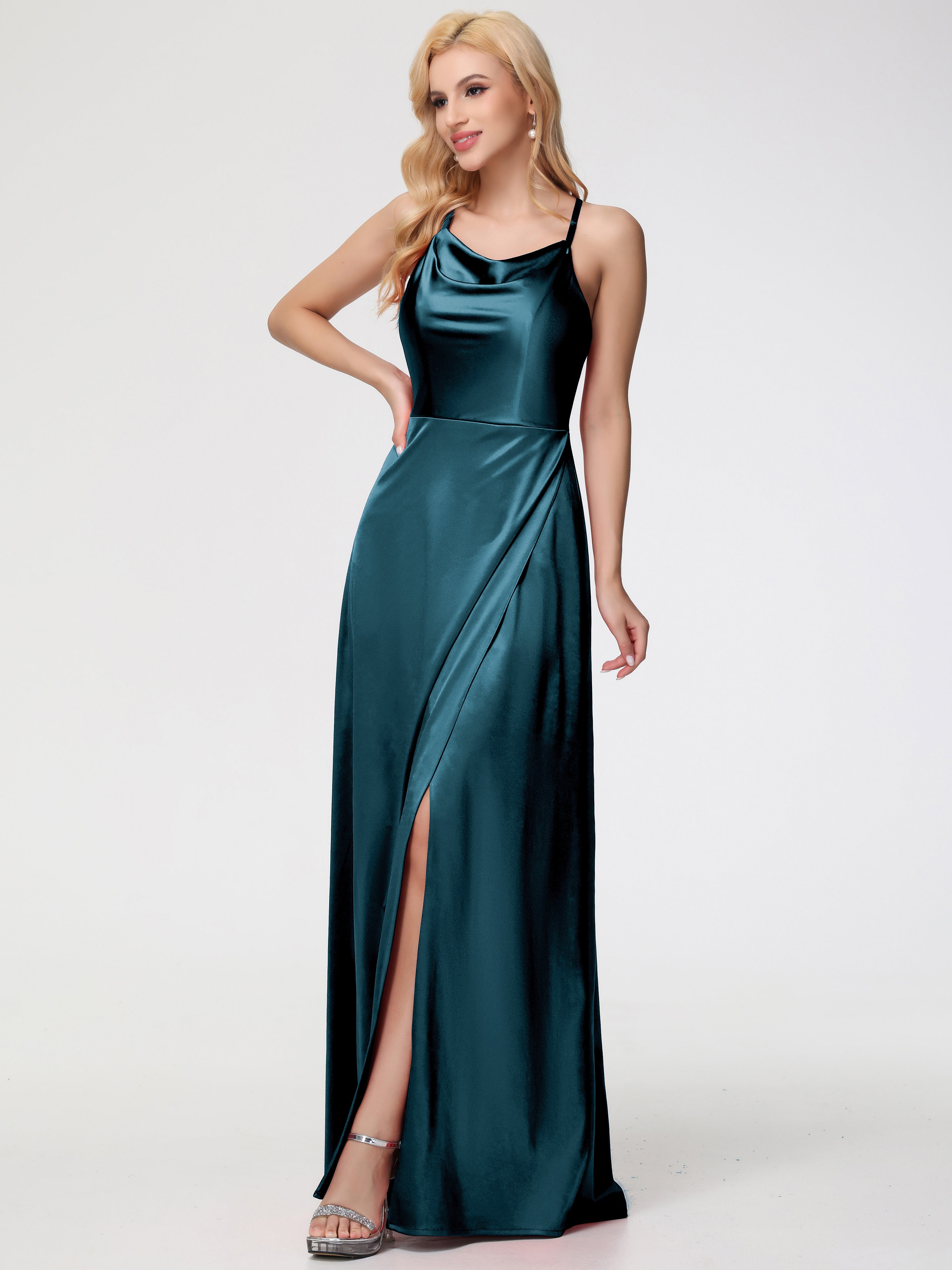 Robes De Demoiselle D'Honneur Bleu Paon Trapèze Col Bénitier Fendue Longueur Ras Du Sol Satin Extensible Robe De Demoiselle D'Honneur