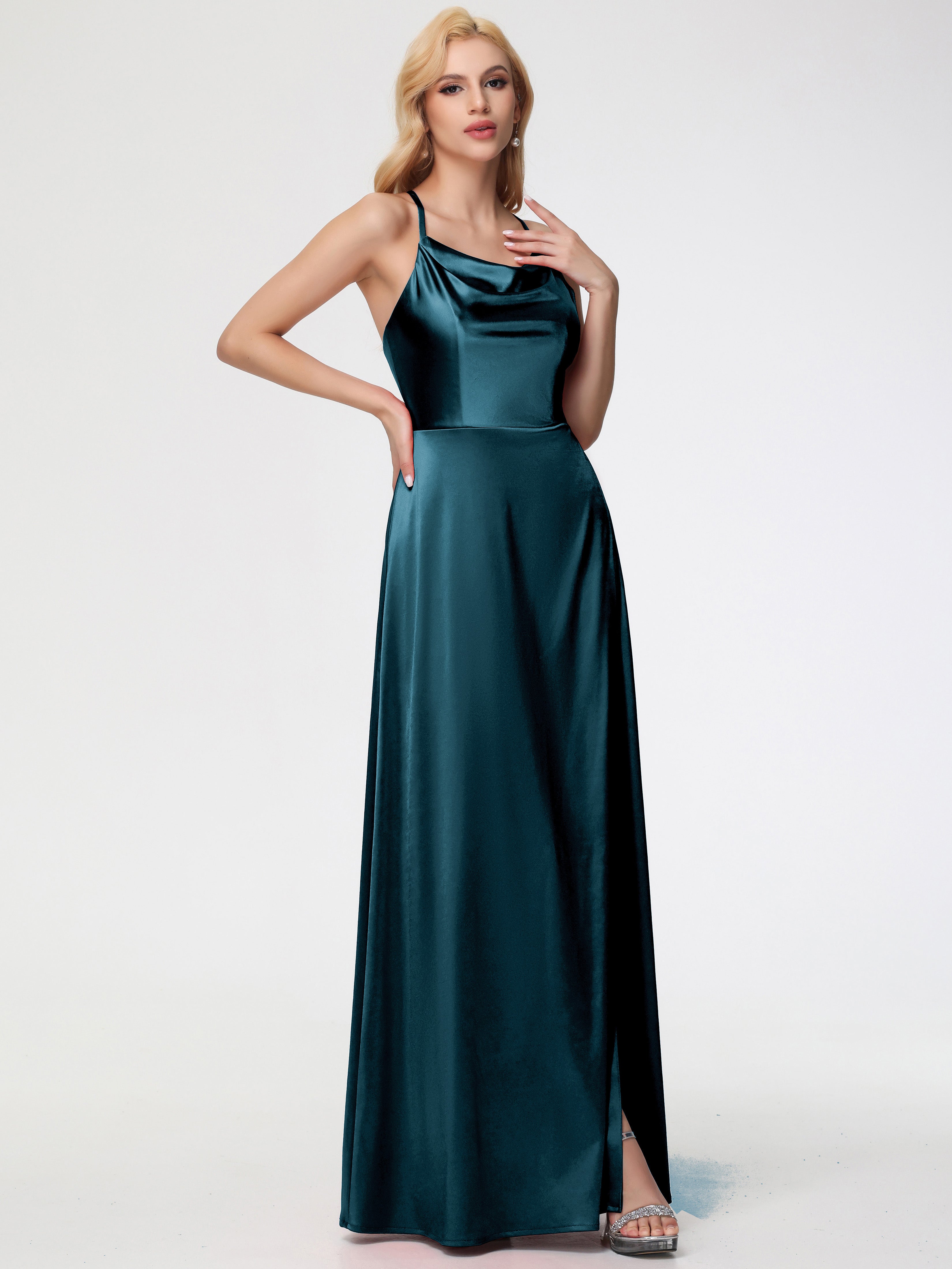 Robes De Demoiselle D'Honneur Bleu Paon Trapèze Col Bénitier Fendue Longueur Ras Du Sol Satin Extensible Robe De Demoiselle D'Honneur