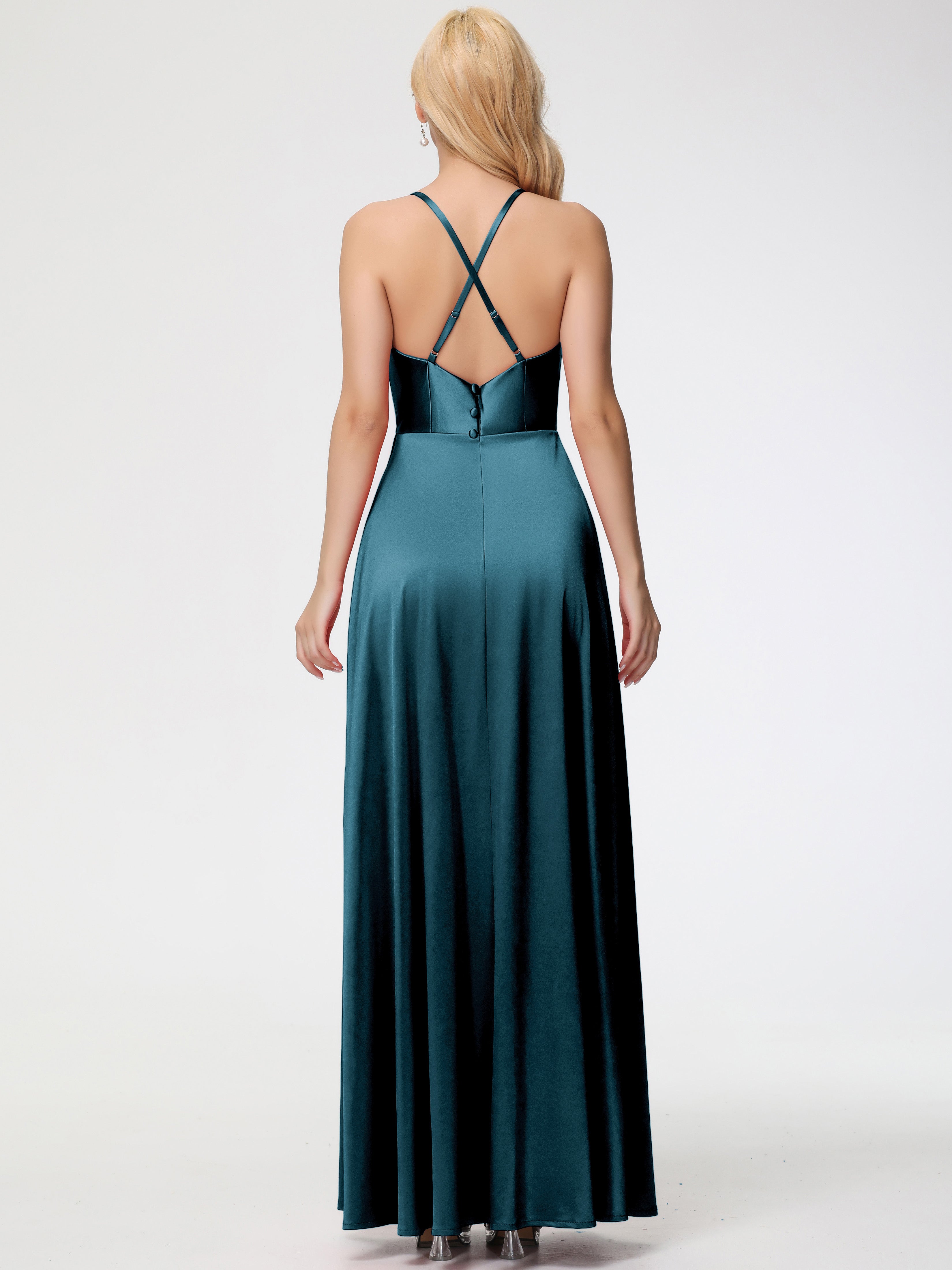Robes De Demoiselle D'Honneur Bleu Paon Trapèze Col Bénitier Fendue Longueur Ras Du Sol Satin Extensible Robe De Demoiselle D'Honneur