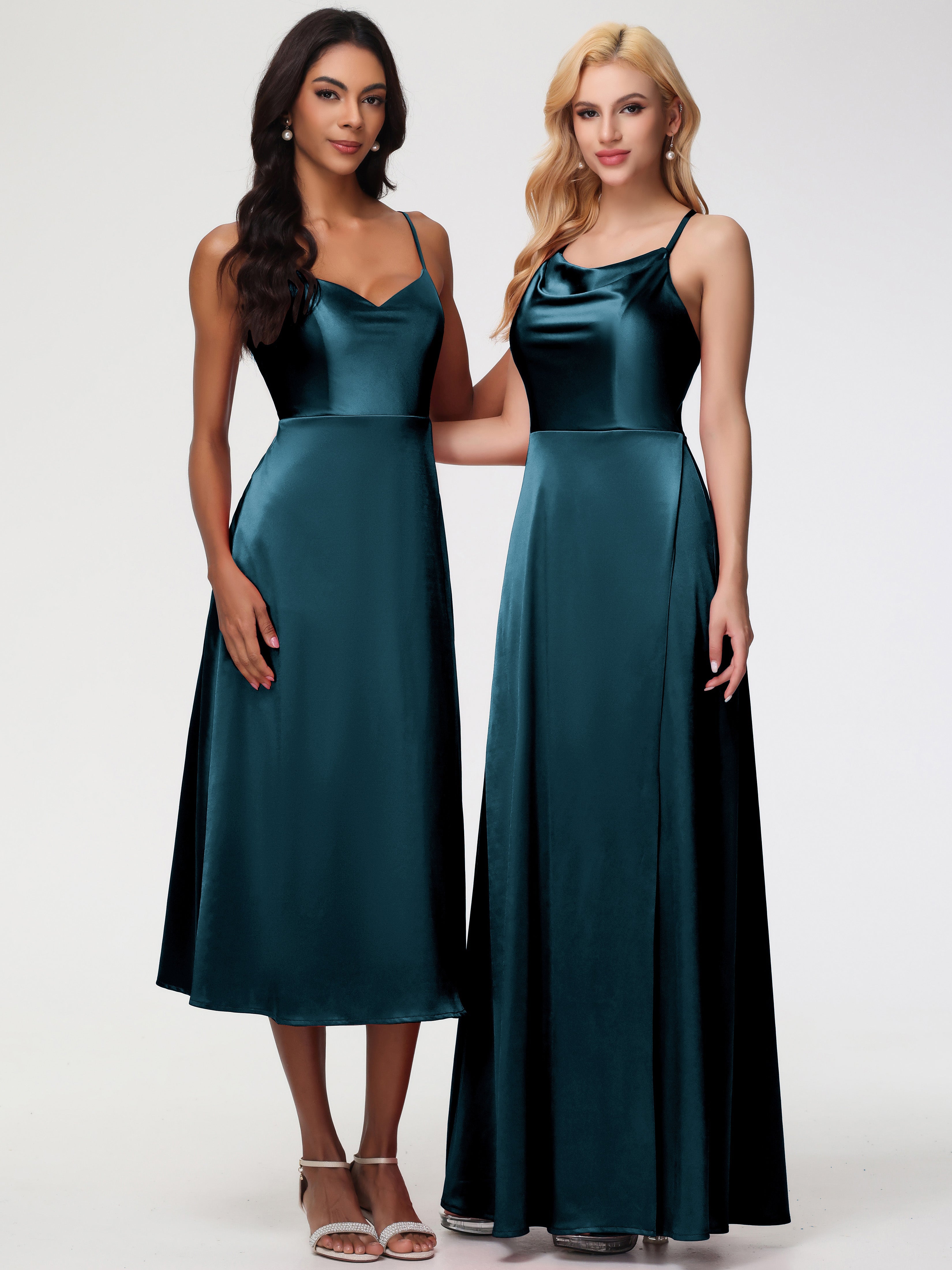 Robes De Demoiselle D'Honneur Bleu Paon Trapèze Col Bénitier Fendue Longueur Ras Du Sol Satin Extensible Robe De Demoiselle D'Honneur