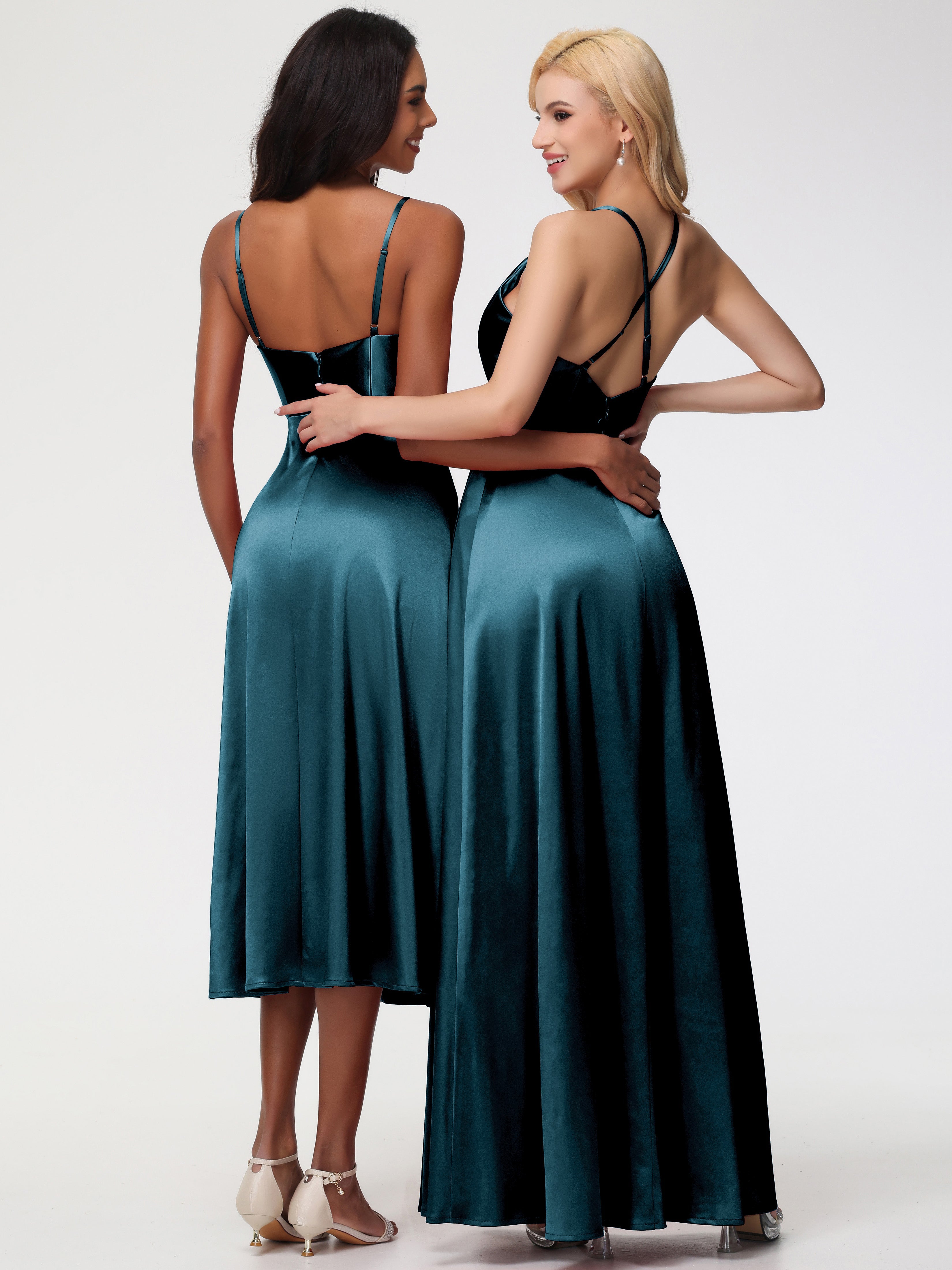 Robes De Demoiselle D'Honneur Bleu Paon Trapèze Col Bénitier Fendue Longueur Ras Du Sol Satin Extensible Robe De Demoiselle D'Honneur