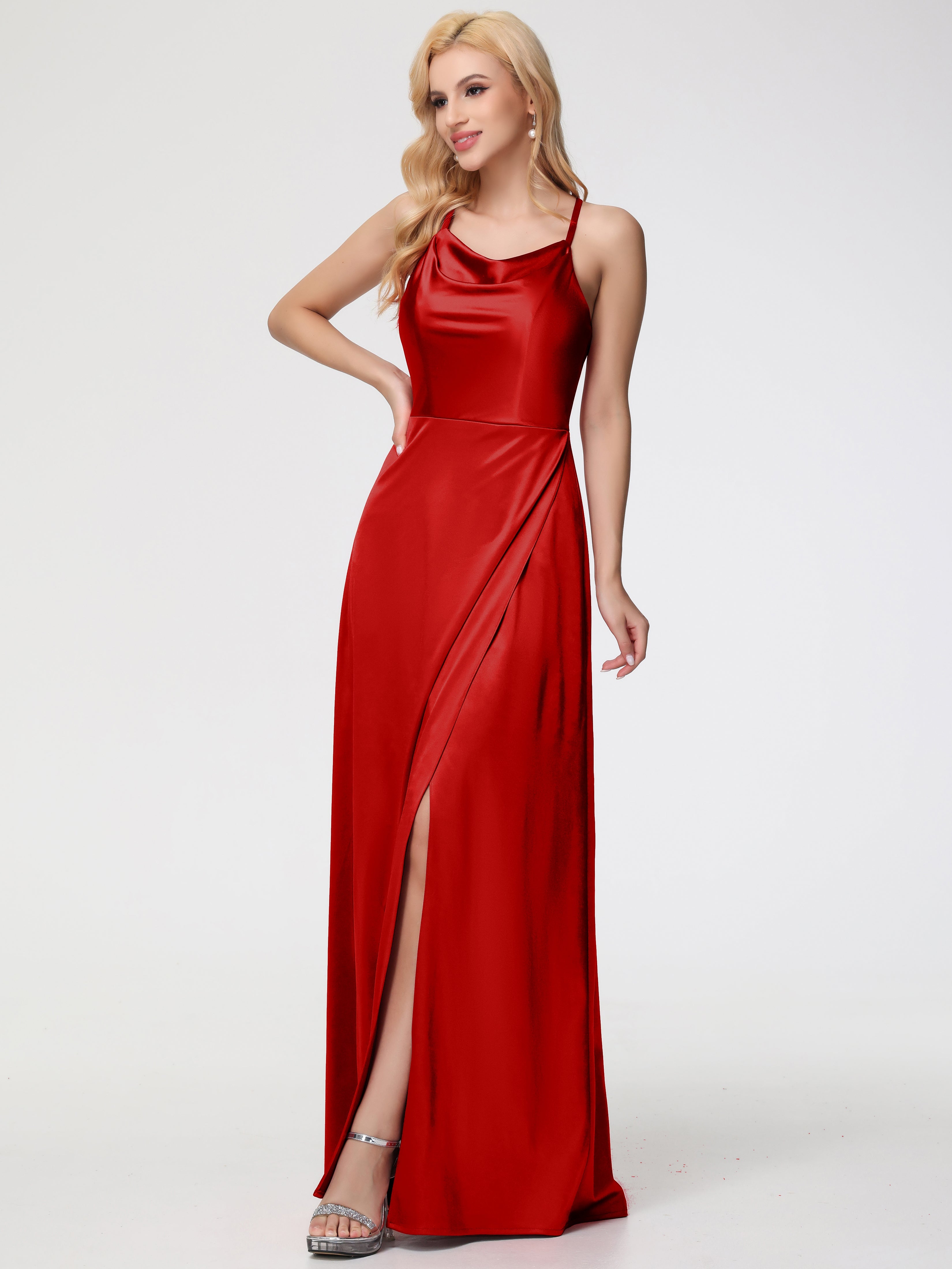 Robe De Demoiselle D Honneur Rouge Pas Cher Trapèze Col Bénitier Fendue Longueur Ras Du Sol Satin Extensible Robe De Demoiselle D'Honneur
