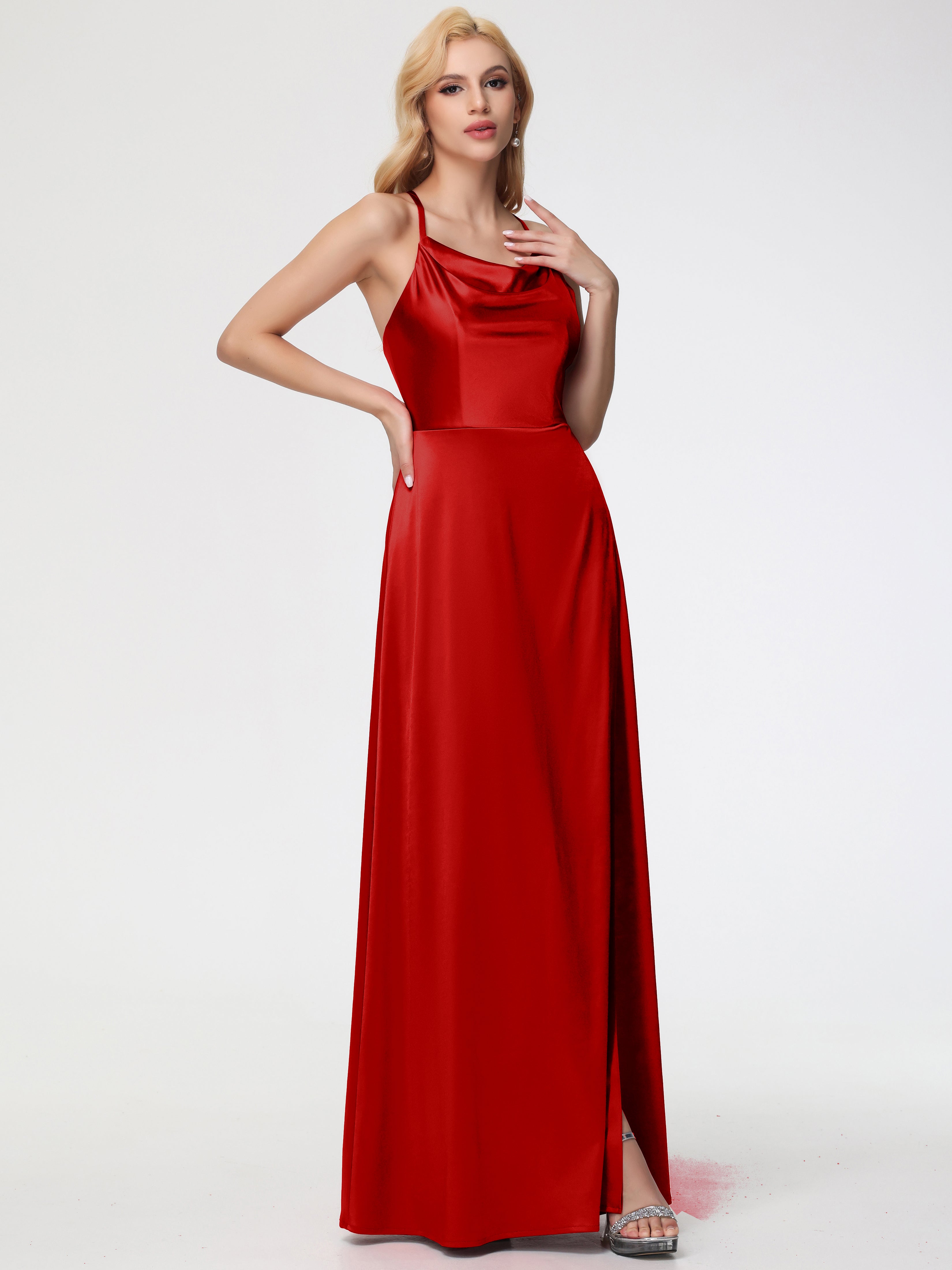 Robe De Demoiselle D Honneur Rouge Pas Cher Trapèze Col Bénitier Fendue Longueur Ras Du Sol Satin Extensible Robe De Demoiselle D'Honneur