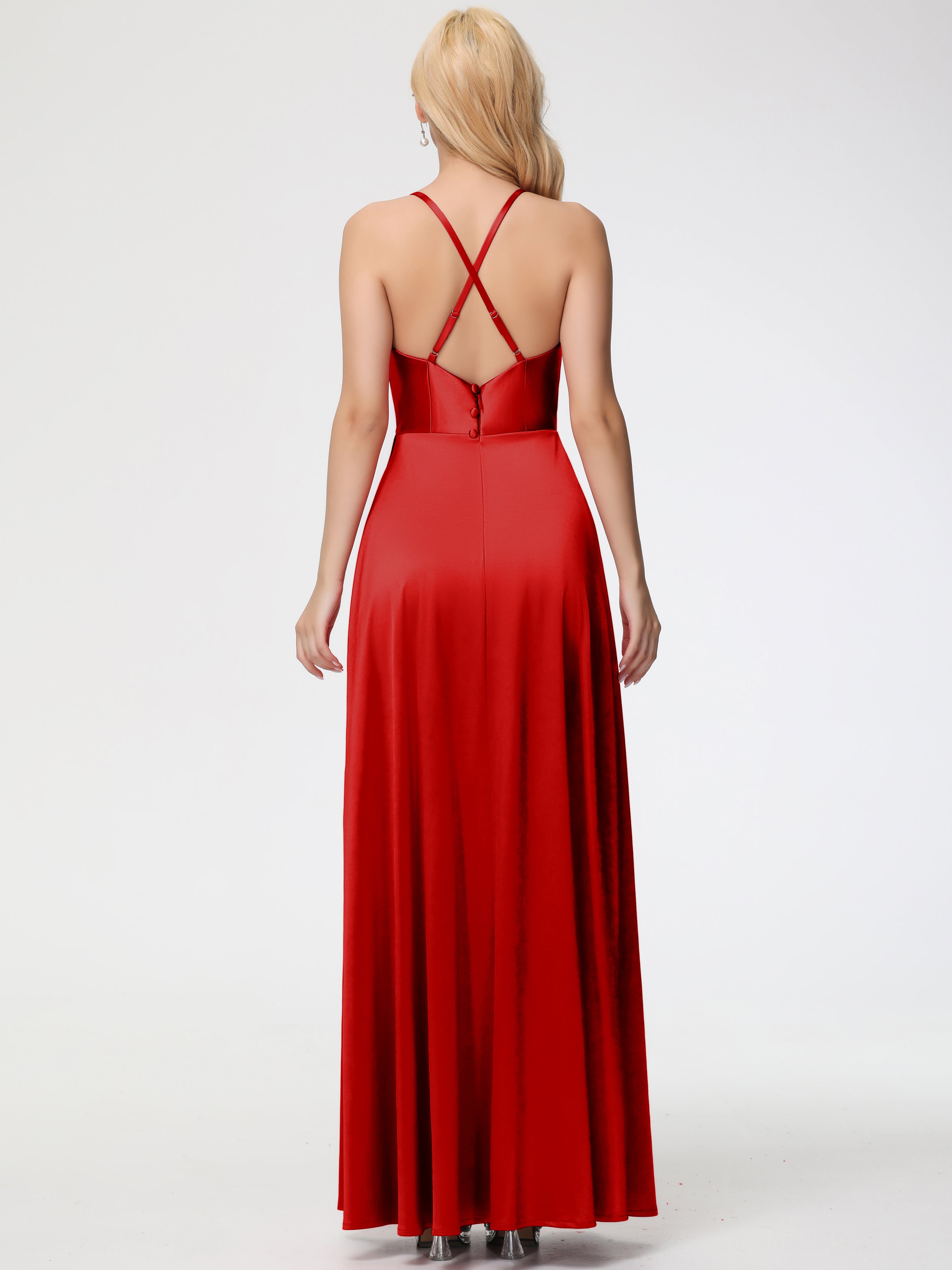 Robe De Demoiselle D Honneur Rouge Pas Cher Trapèze Col Bénitier Fendue Longueur Ras Du Sol Satin Extensible Robe De Demoiselle D'Honneur