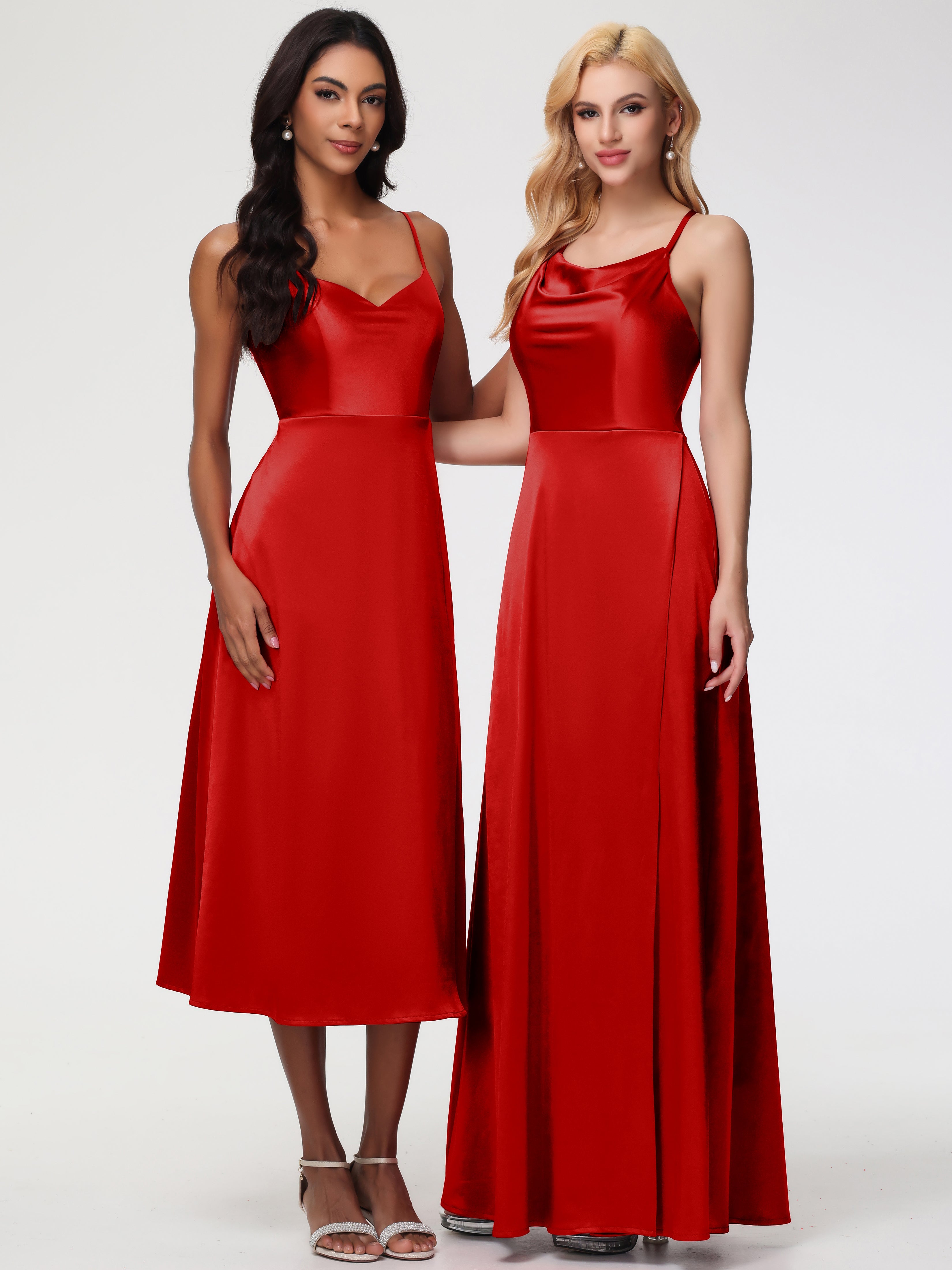 Robe De Demoiselle D Honneur Rouge Pas Cher Trapèze Col Bénitier Fendue Longueur Ras Du Sol Satin Extensible Robe De Demoiselle D'Honneur