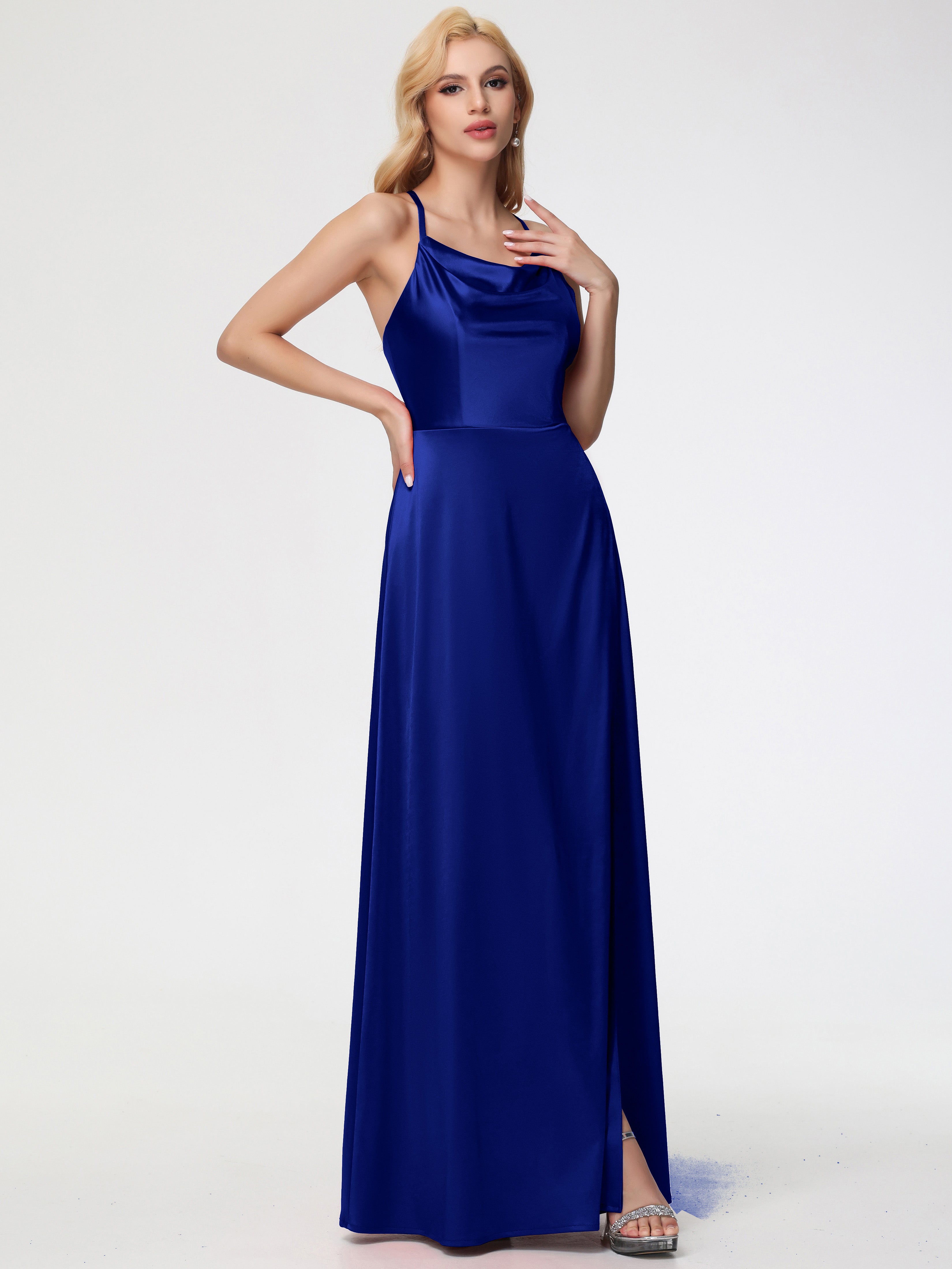 Robes De Demoiselle D'Honneur Bleu Royal Trapèze Col Bénitier Fendue Longueur Ras Du Sol Satin Extensible Robe De Demoiselle D'Honneur