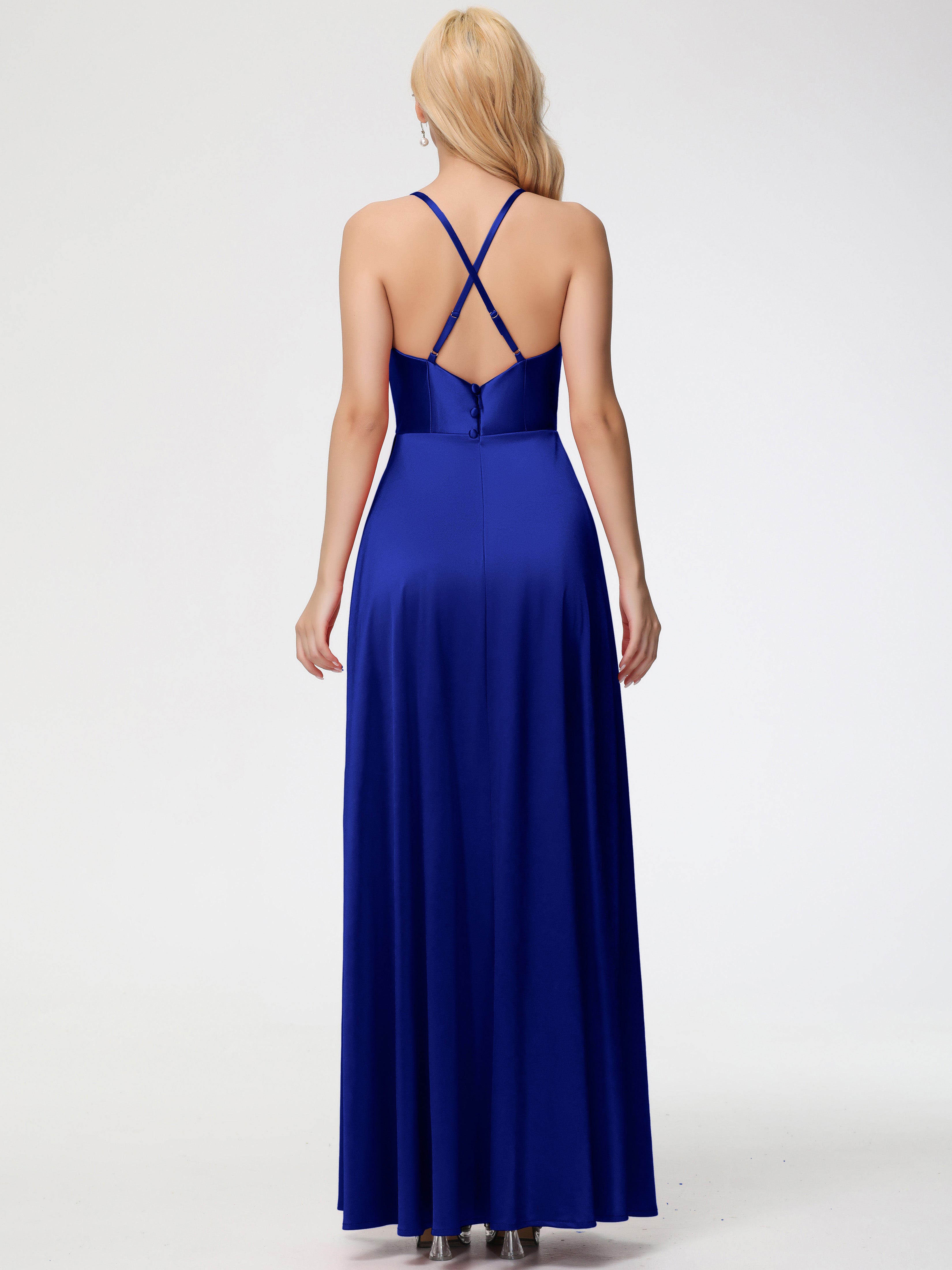 Robes De Demoiselle D'Honneur Bleu Royal Trapèze Col Bénitier Fendue Longueur Ras Du Sol Satin Extensible Robe De Demoiselle D'Honneur