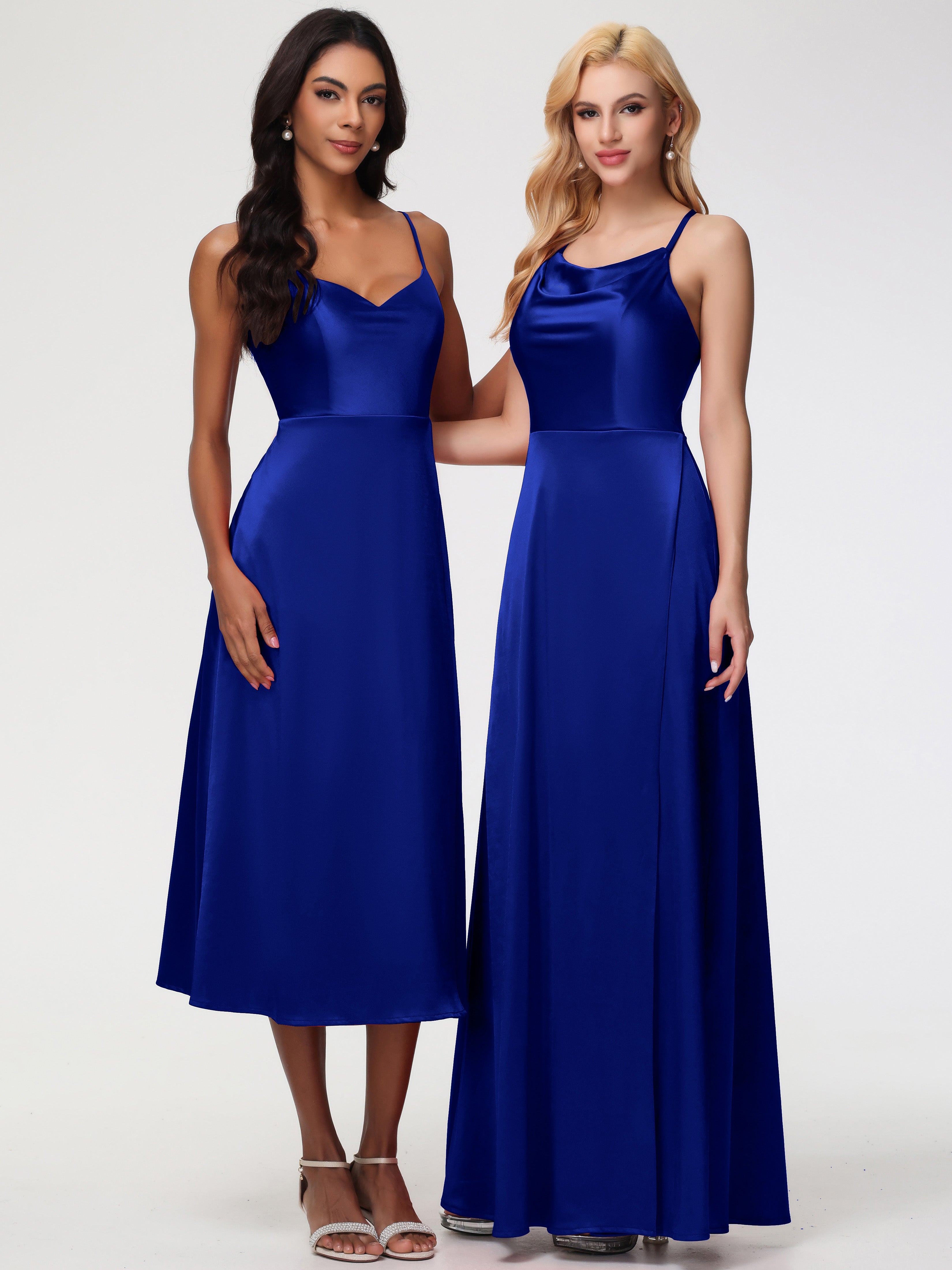 Robes De Demoiselle D'Honneur Bleu Royal Trapèze Col Bénitier Fendue Longueur Ras Du Sol Satin Extensible Robe De Demoiselle D'Honneur