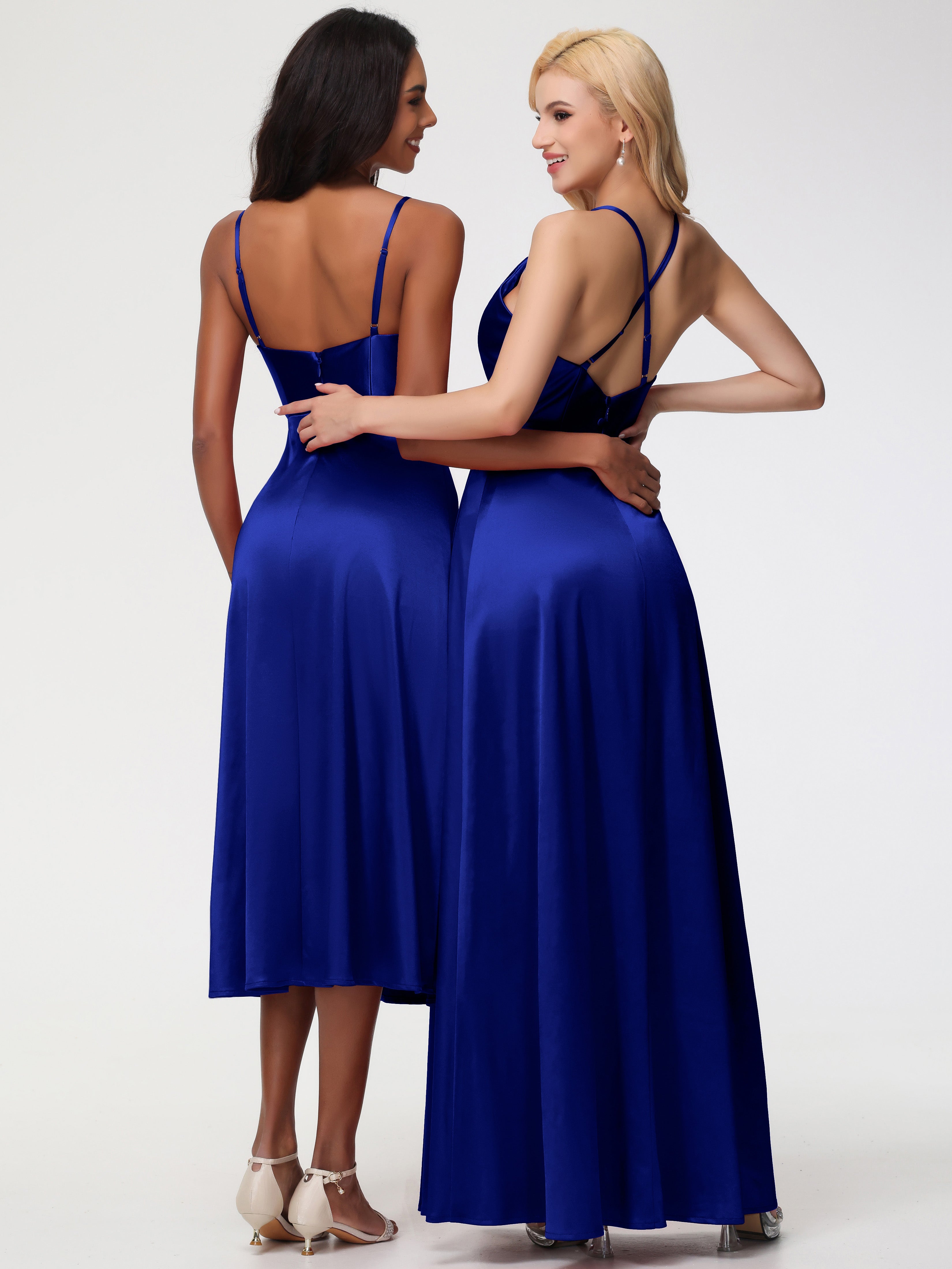 Robes De Demoiselle D'Honneur Bleu Royal Trapèze Col Bénitier Fendue Longueur Ras Du Sol Satin Extensible Robe De Demoiselle D'Honneur