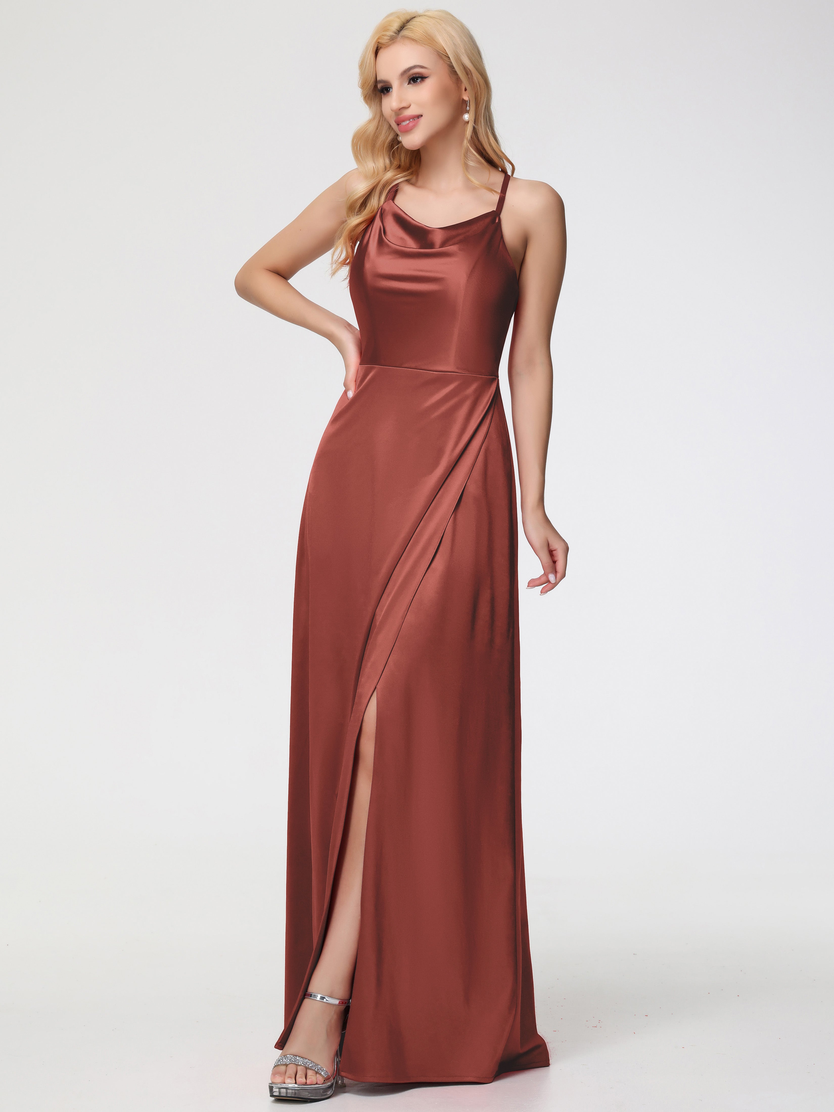 Rouille De Demoiselle D'Honneur Trapèze Col Bénitier Fendue Longueur Ras Du Sol Satin Extensible Robe De Demoiselle D'Honneur