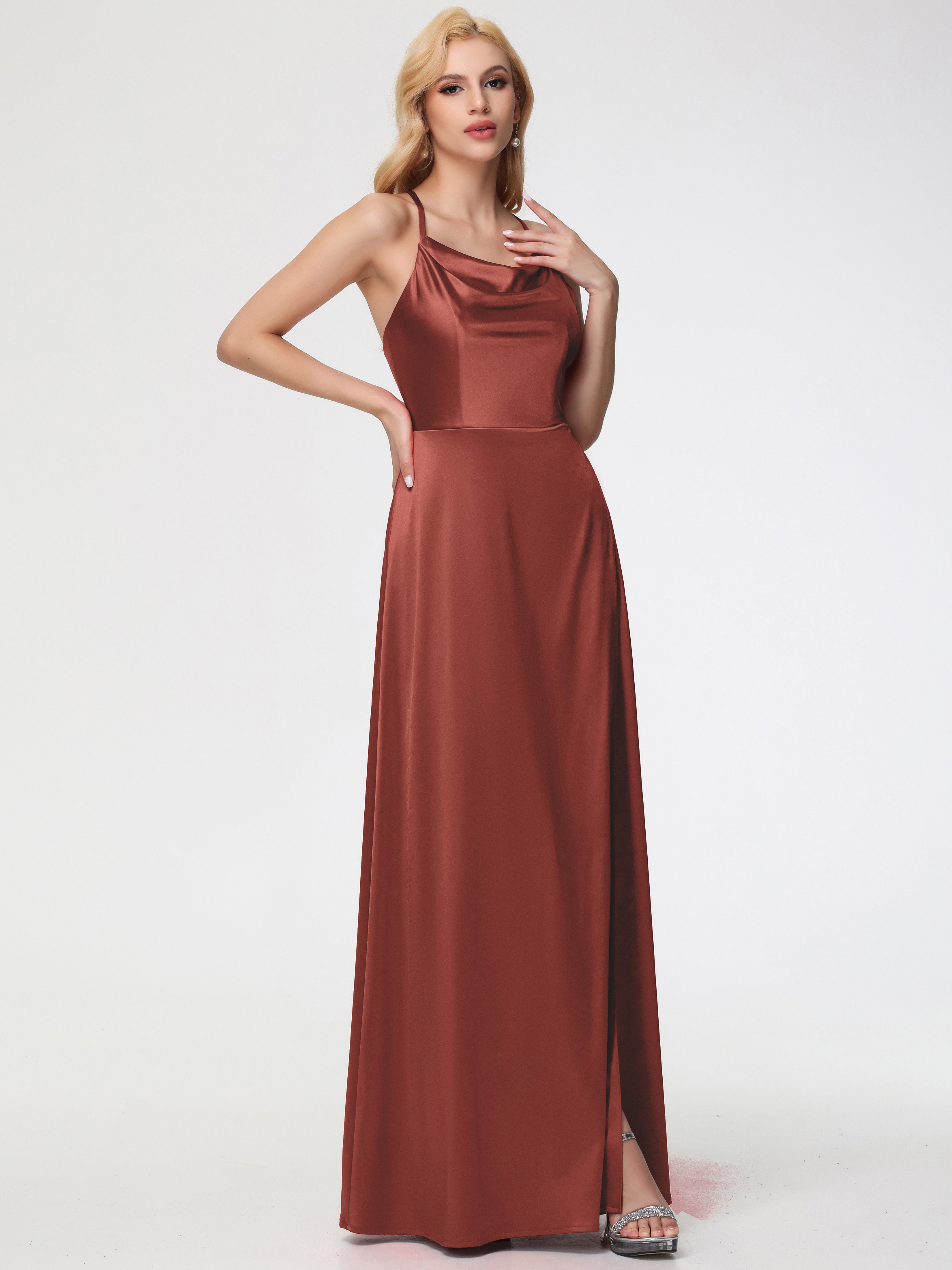 Rouille De Demoiselle D'Honneur Trapèze Col Bénitier Fendue Longueur Ras Du Sol Satin Extensible Robe De Demoiselle D'Honneur