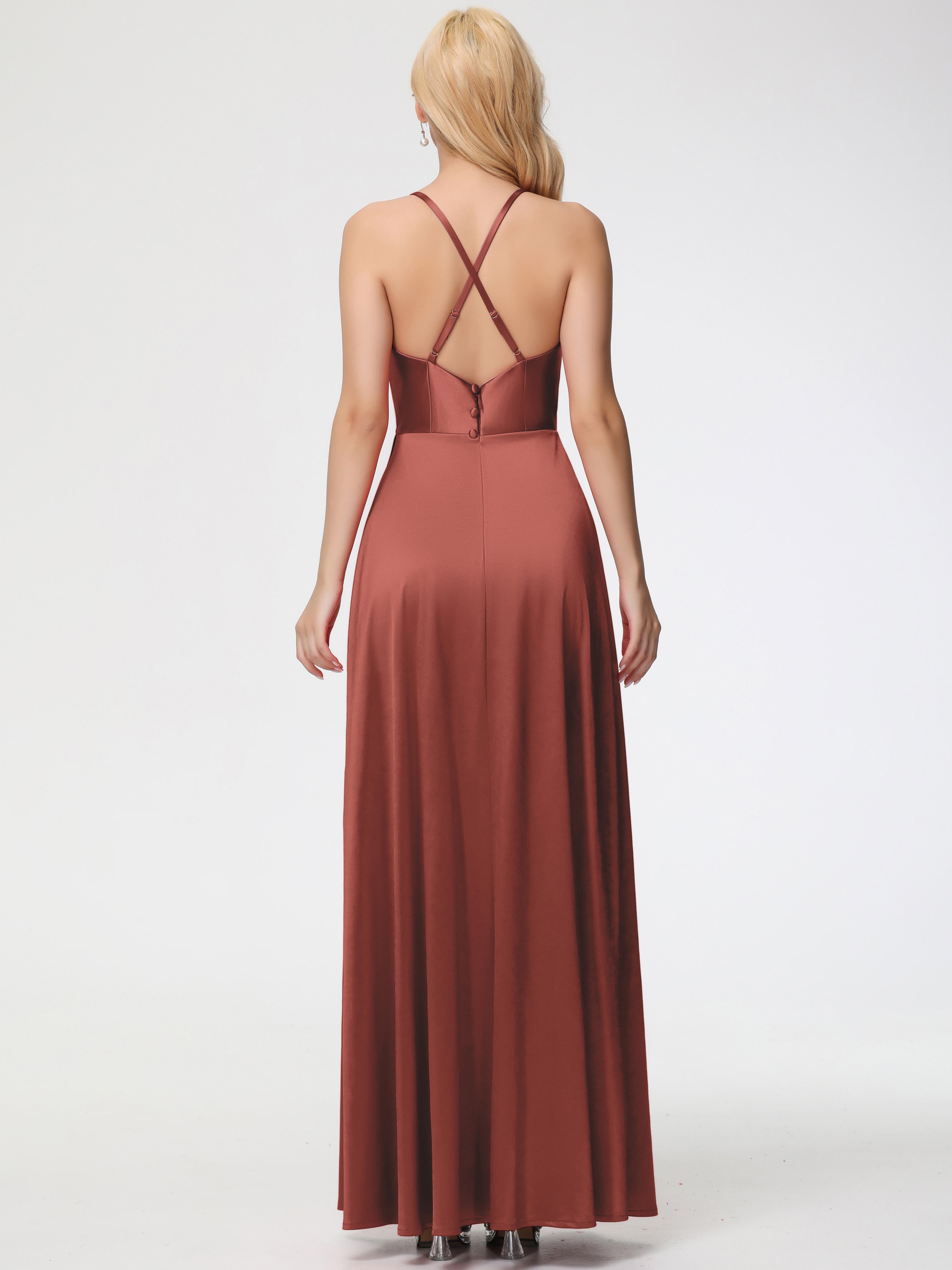 Rouille De Demoiselle D'Honneur Trapèze Col Bénitier Fendue Longueur Ras Du Sol Satin Extensible Robe De Demoiselle D'Honneur