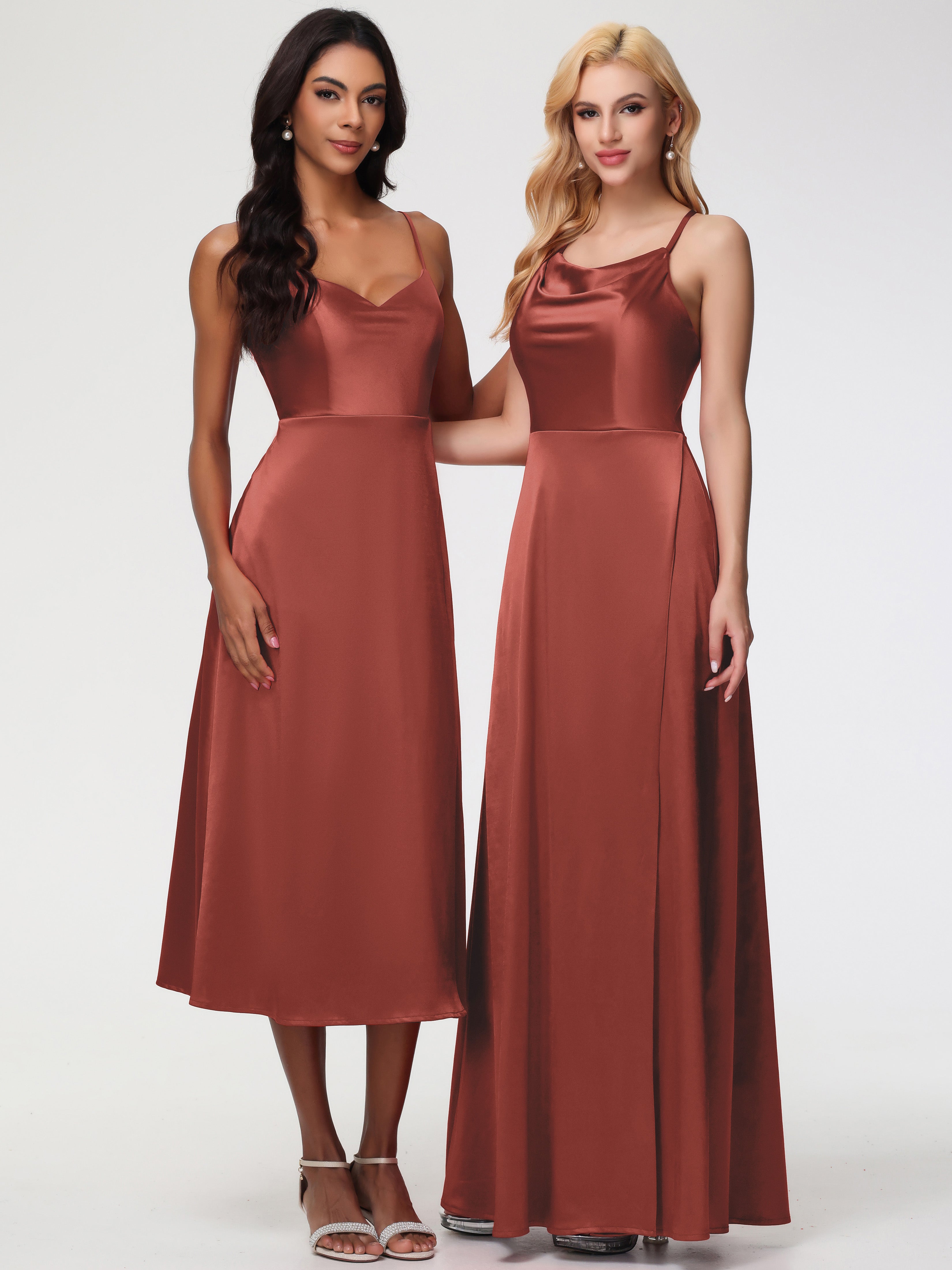 Rouille De Demoiselle D'Honneur Trapèze Col Bénitier Fendue Longueur Ras Du Sol Satin Extensible Robe De Demoiselle D'Honneur