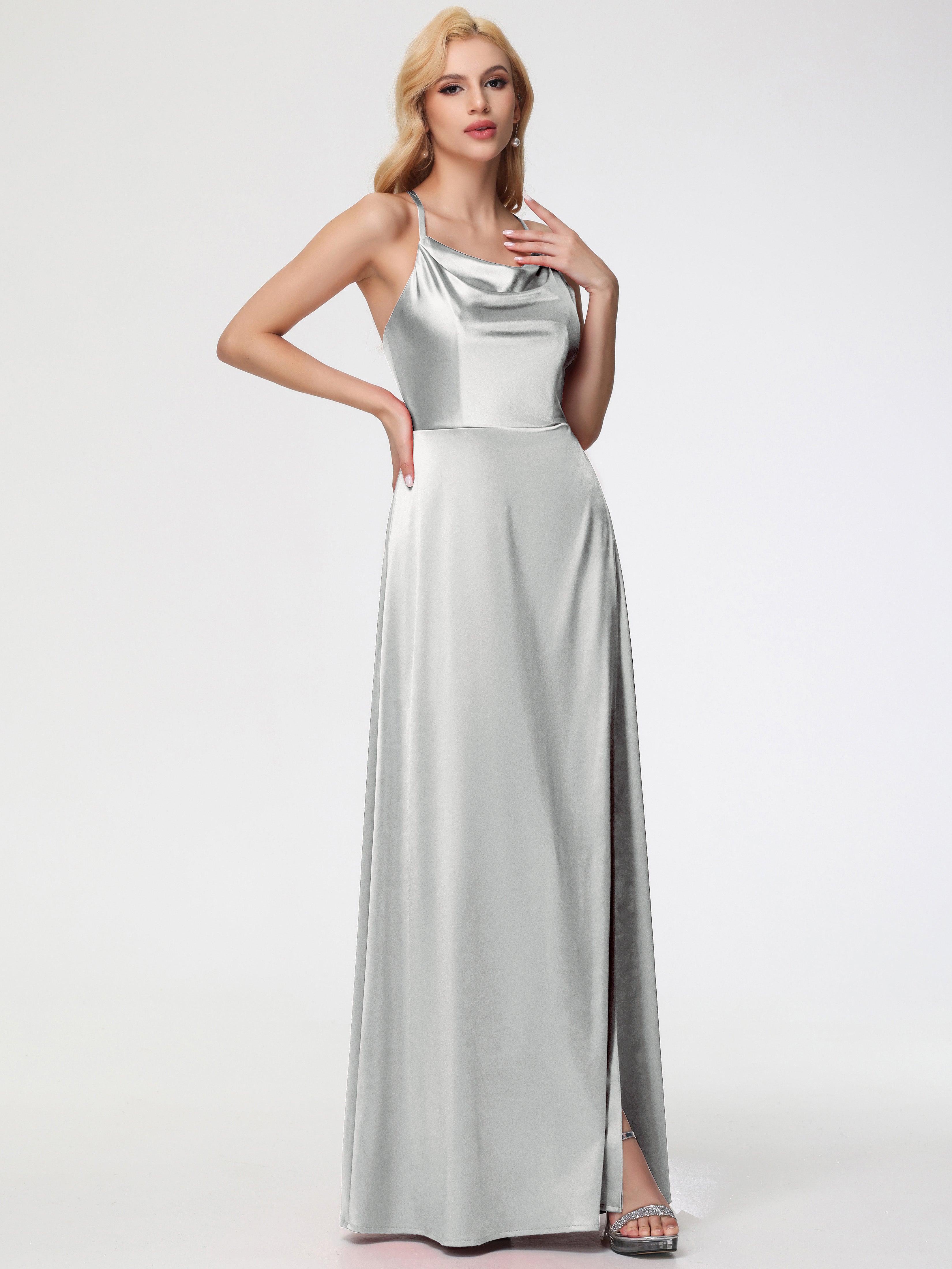 Robes De Demoiselle D'Honneur En Argent Trapèze Col Bénitier Fendue Longueur Ras Du Sol Satin Extensible Robe De Demoiselle D'Honneur