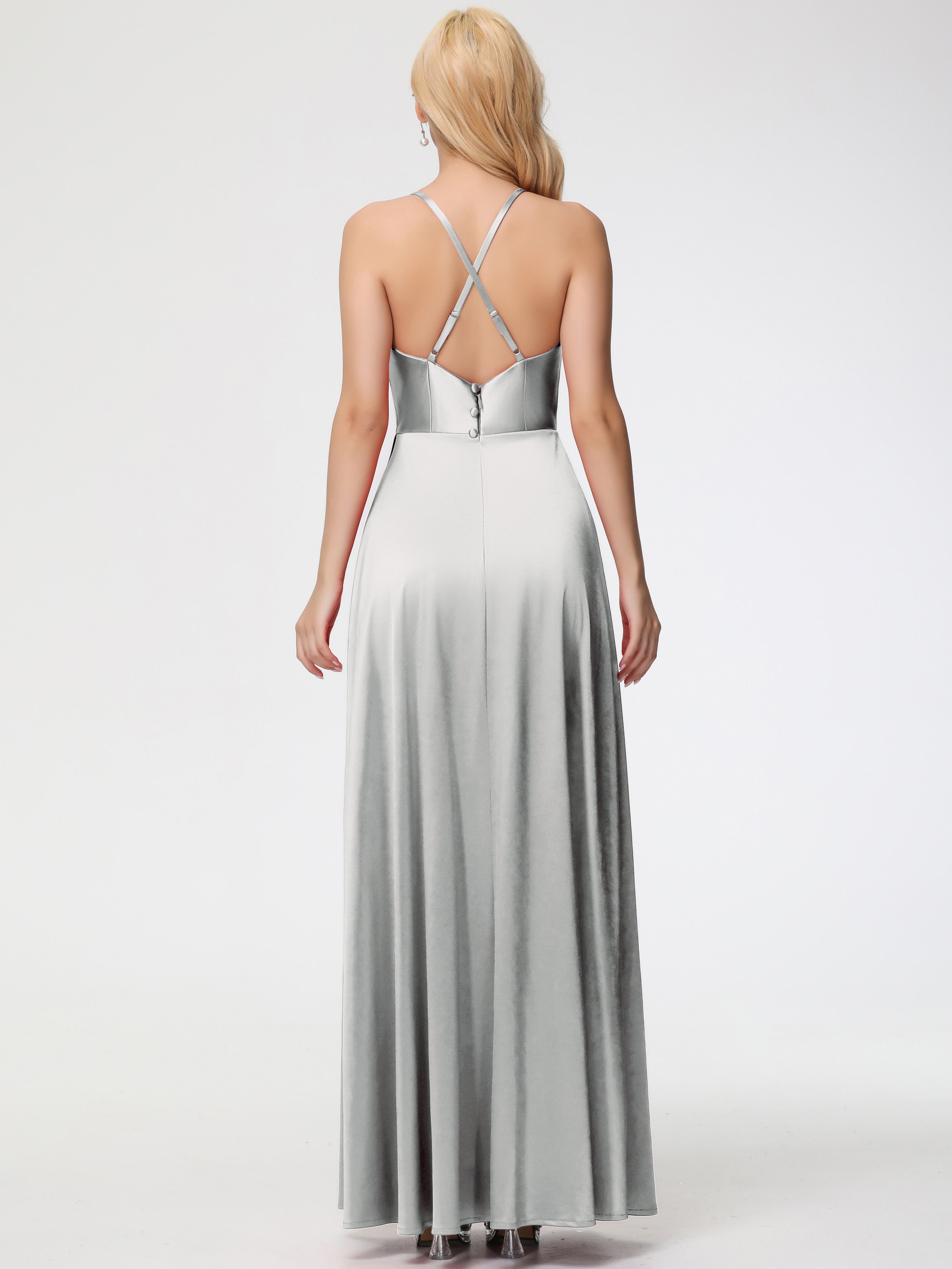 Robes De Demoiselle D'Honneur En Argent Trapèze Col Bénitier Fendue Longueur Ras Du Sol Satin Extensible Robe De Demoiselle D'Honneur