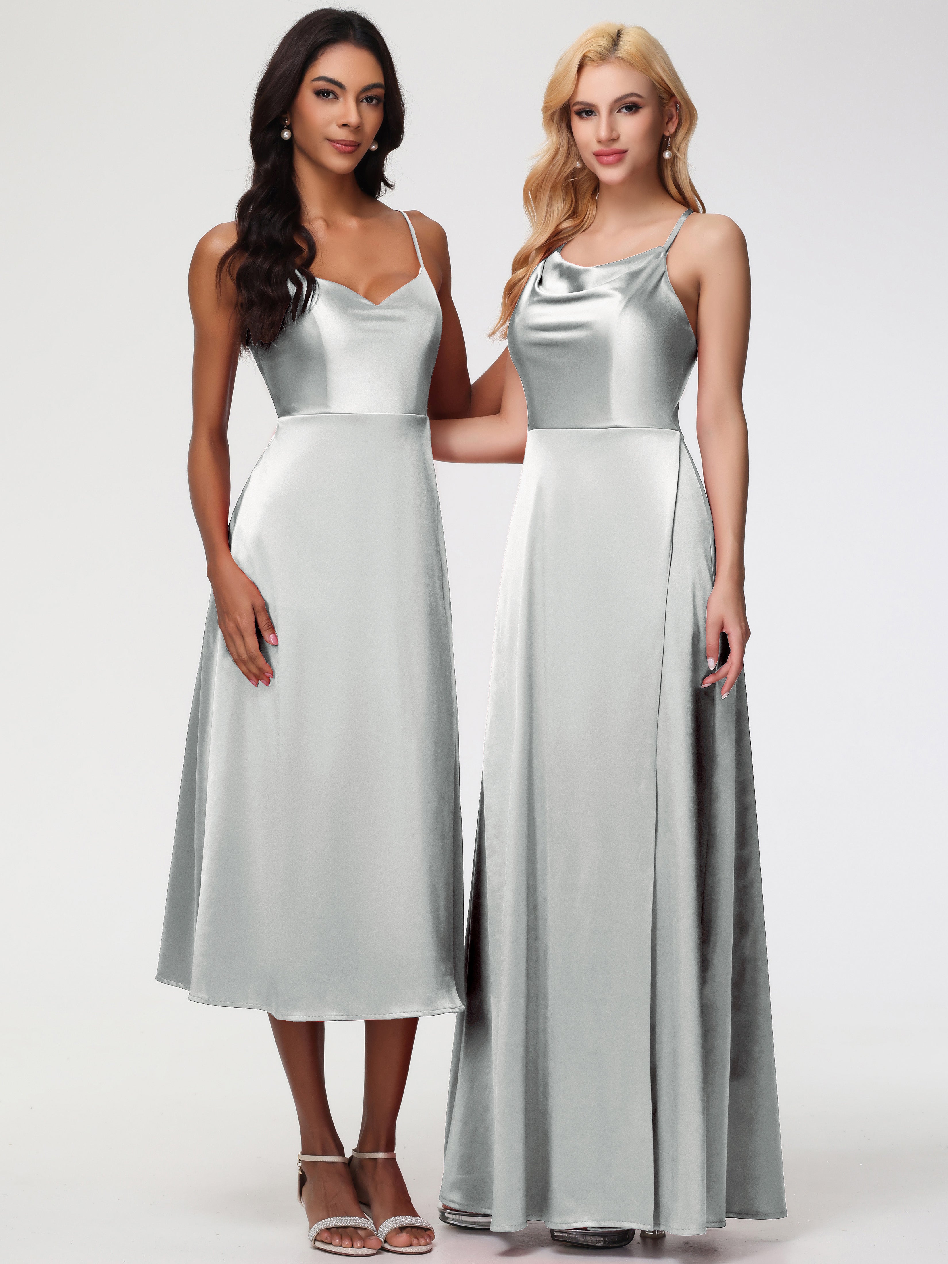 Robes De Demoiselle D'Honneur En Argent Trapèze Col Bénitier Fendue Longueur Ras Du Sol Satin Extensible Robe De Demoiselle D'Honneur