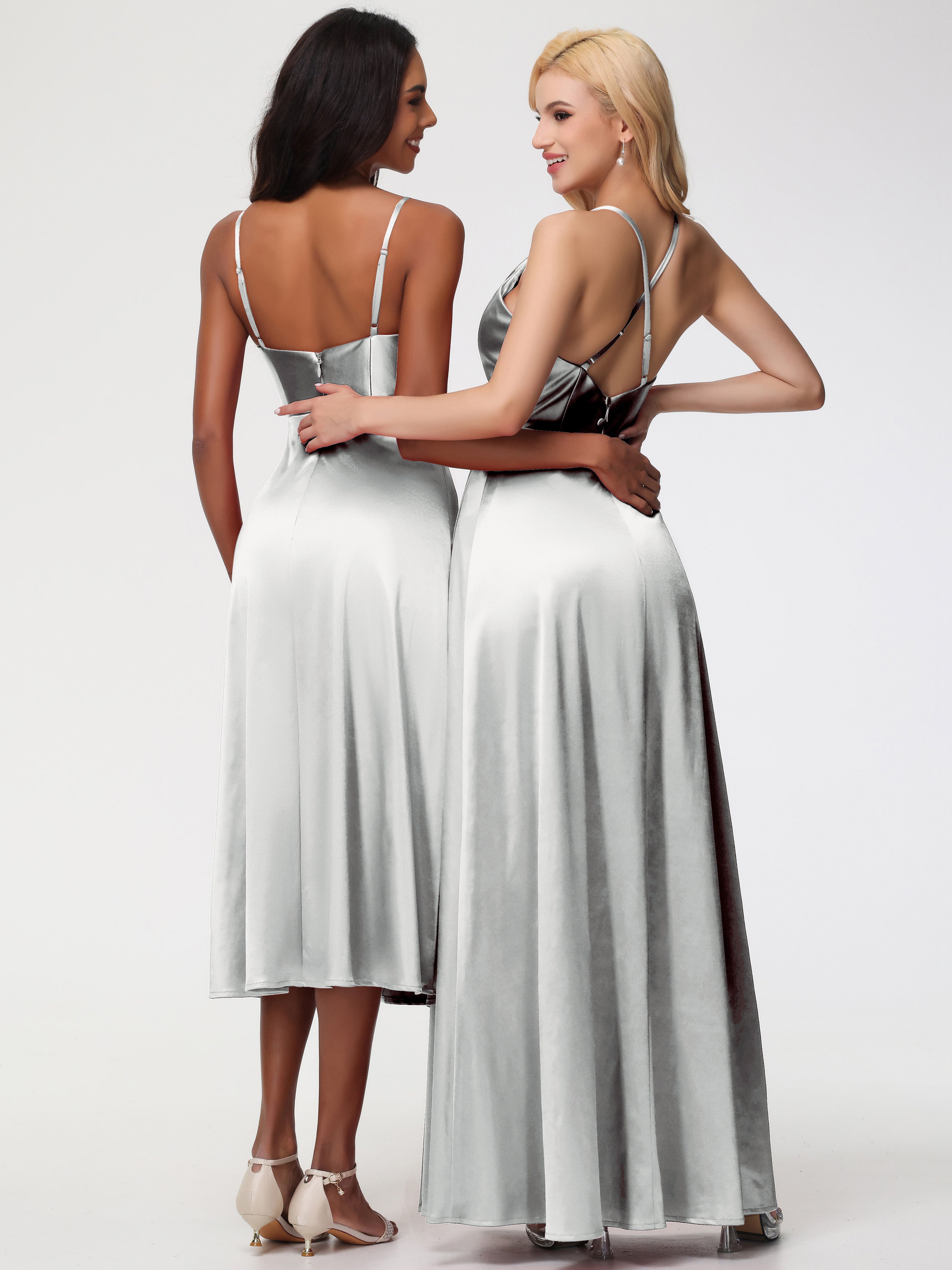 Robes De Demoiselle D'Honneur En Argent Trapèze Col Bénitier Fendue Longueur Ras Du Sol Satin Extensible Robe De Demoiselle D'Honneur