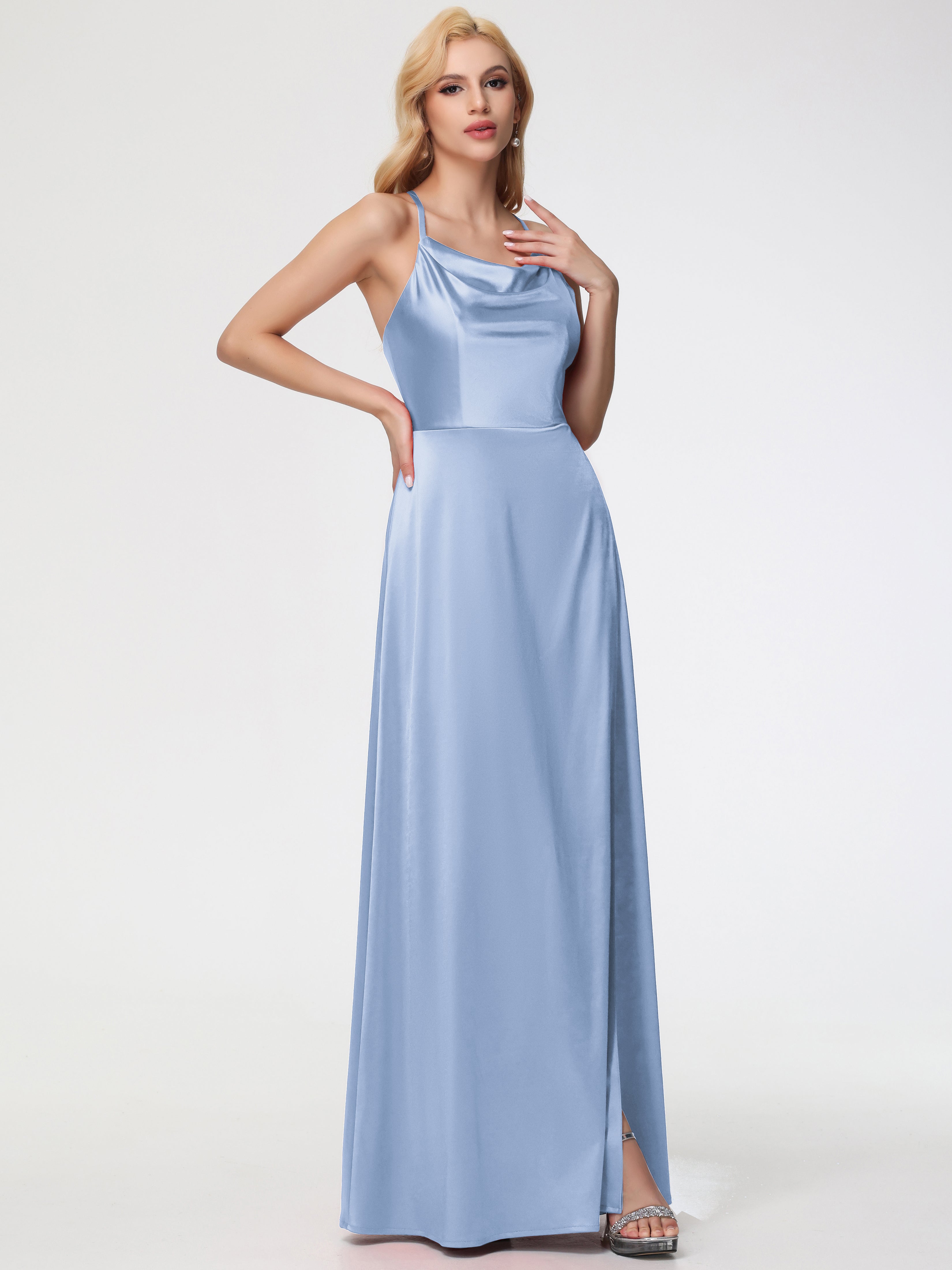 Robes De Demoiselle D'Honneur Bleu Ciel Trapèze Col Bénitier Fendue Longueur Ras Du Sol Satin Extensible Robe De Demoiselle D'Honneur