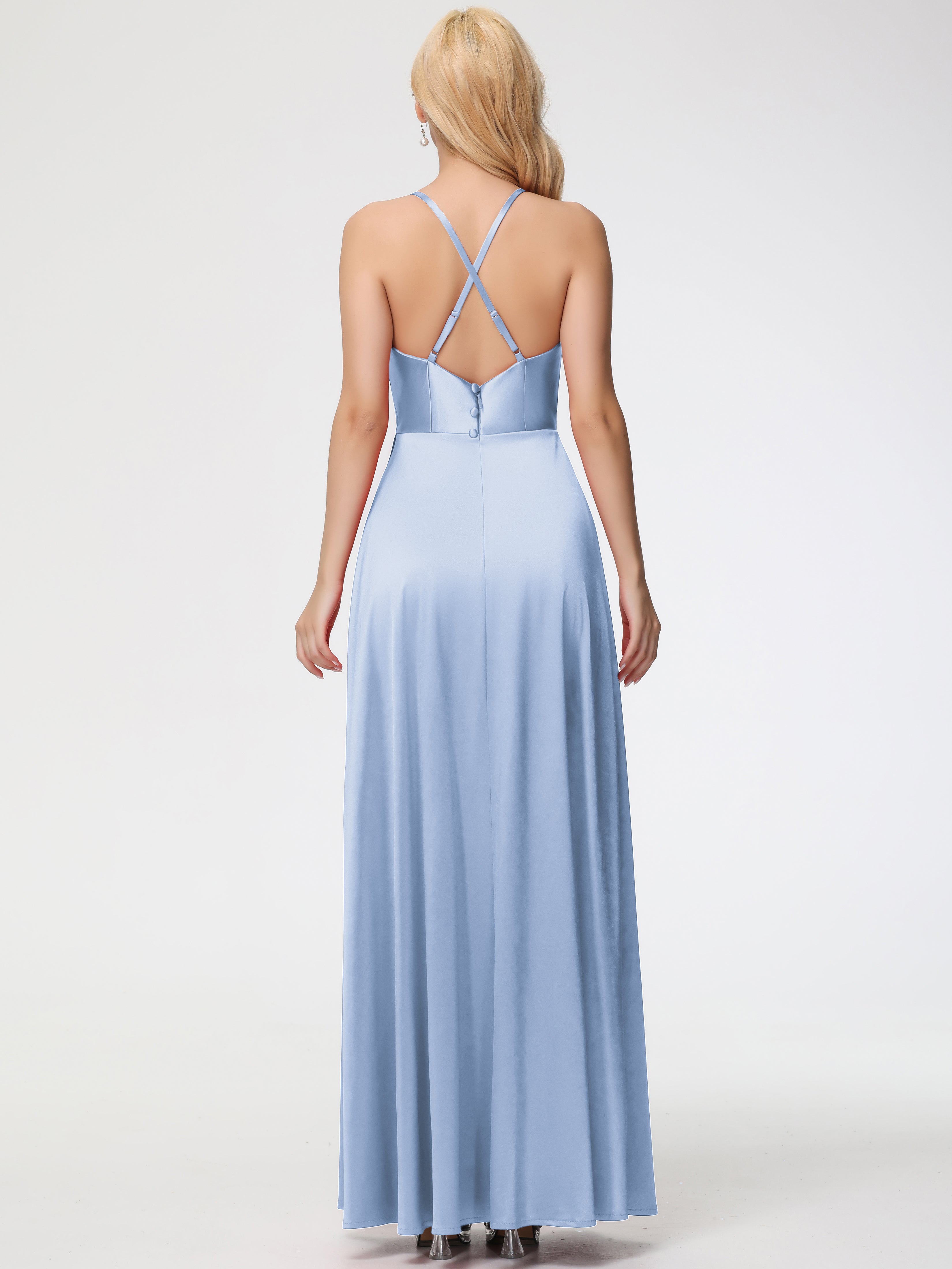 Robes De Demoiselle D'Honneur Bleu Ciel Trapèze Col Bénitier Fendue Longueur Ras Du Sol Satin Extensible Robe De Demoiselle D'Honneur