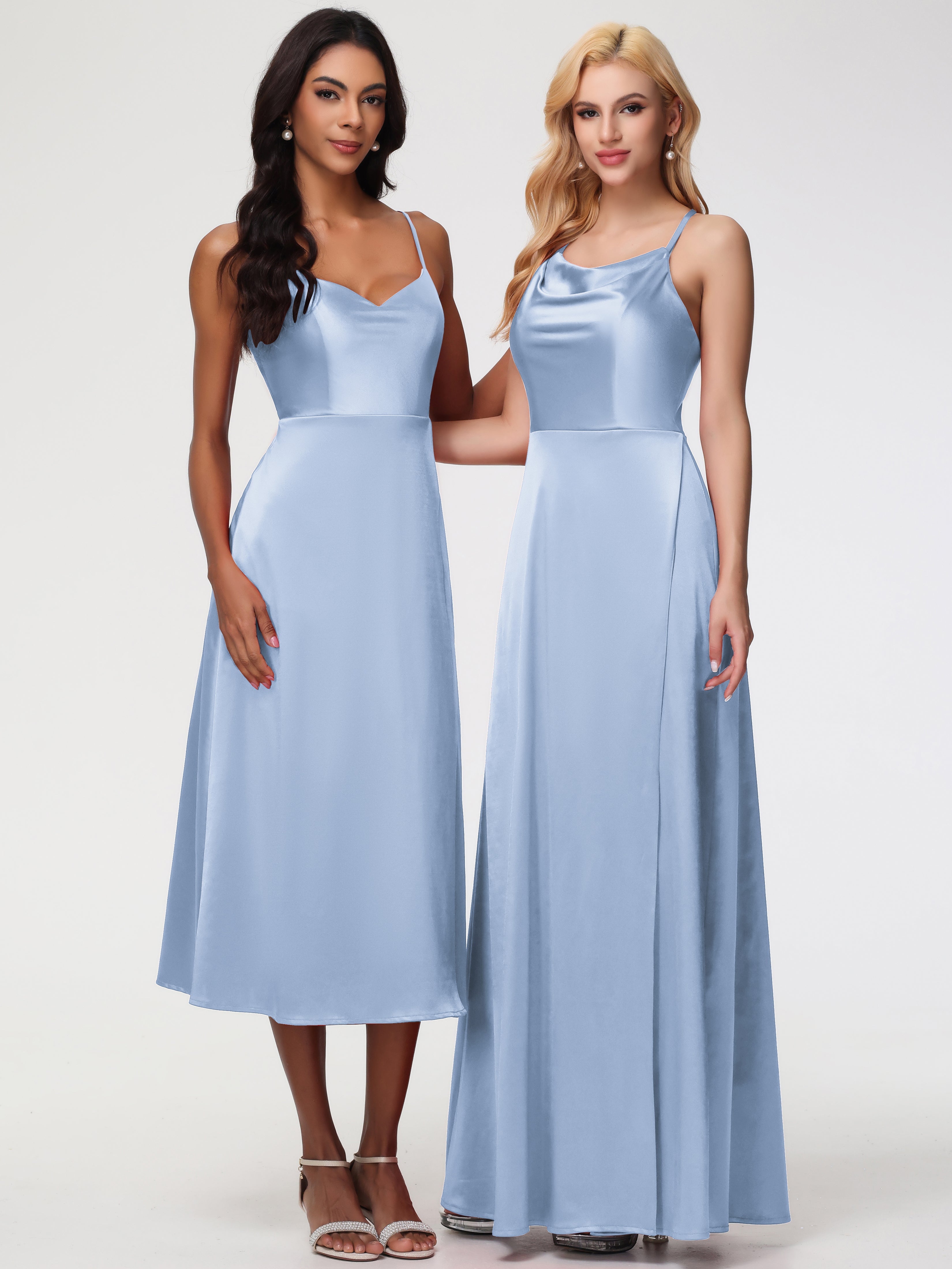 Robes De Demoiselle D'Honneur Bleu Ciel Trapèze Col Bénitier Fendue Longueur Ras Du Sol Satin Extensible Robe De Demoiselle D'Honneur
