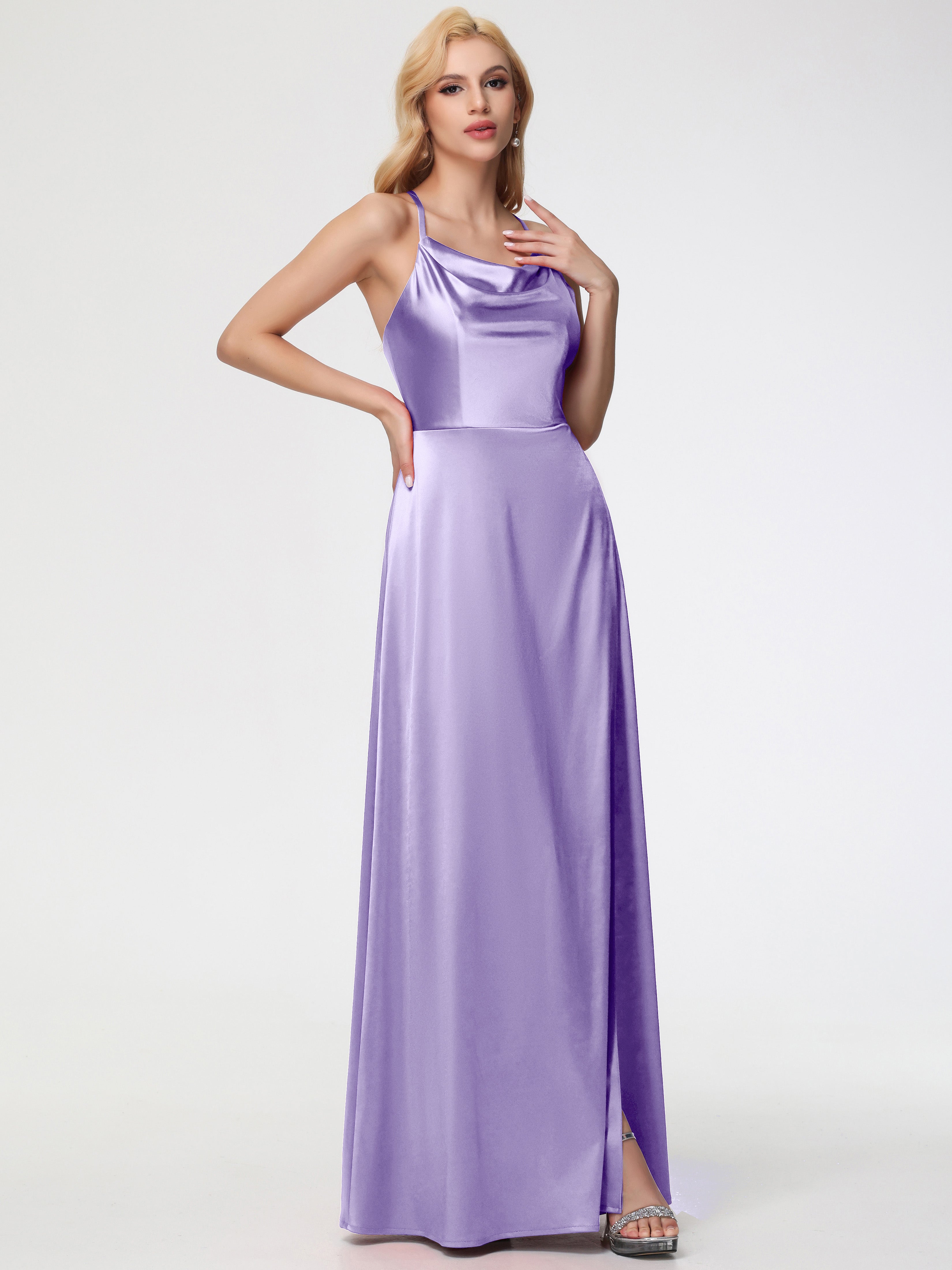 Robes De Demoiselle D'Honneur Tahiti Trapèze Col Bénitier Fendue Longueur Ras Du Sol Satin Extensible Robe De Demoiselle D'Honneur