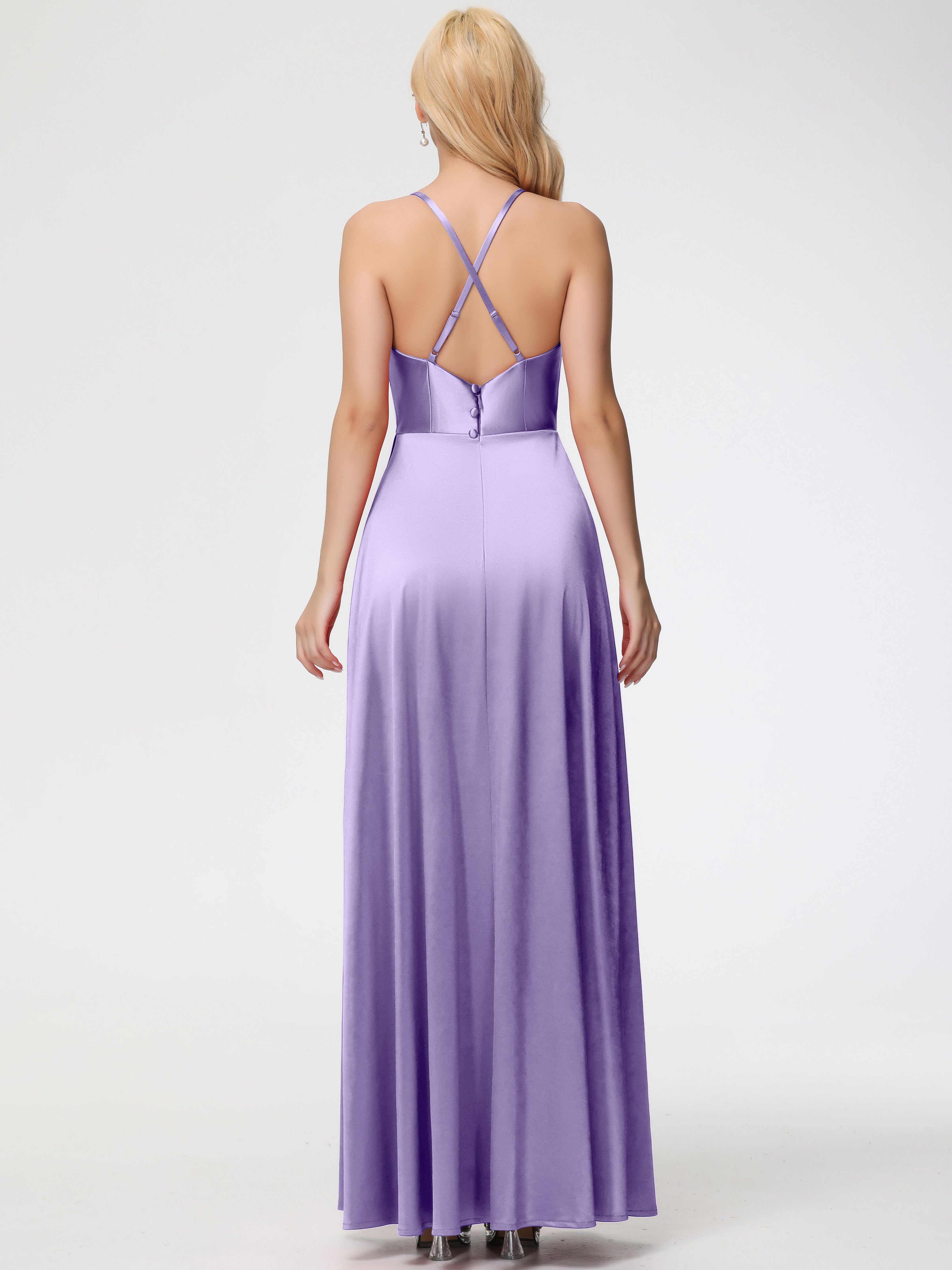 Robes De Demoiselle D'Honneur Tahiti Trapèze Col Bénitier Fendue Longueur Ras Du Sol Satin Extensible Robe De Demoiselle D'Honneur