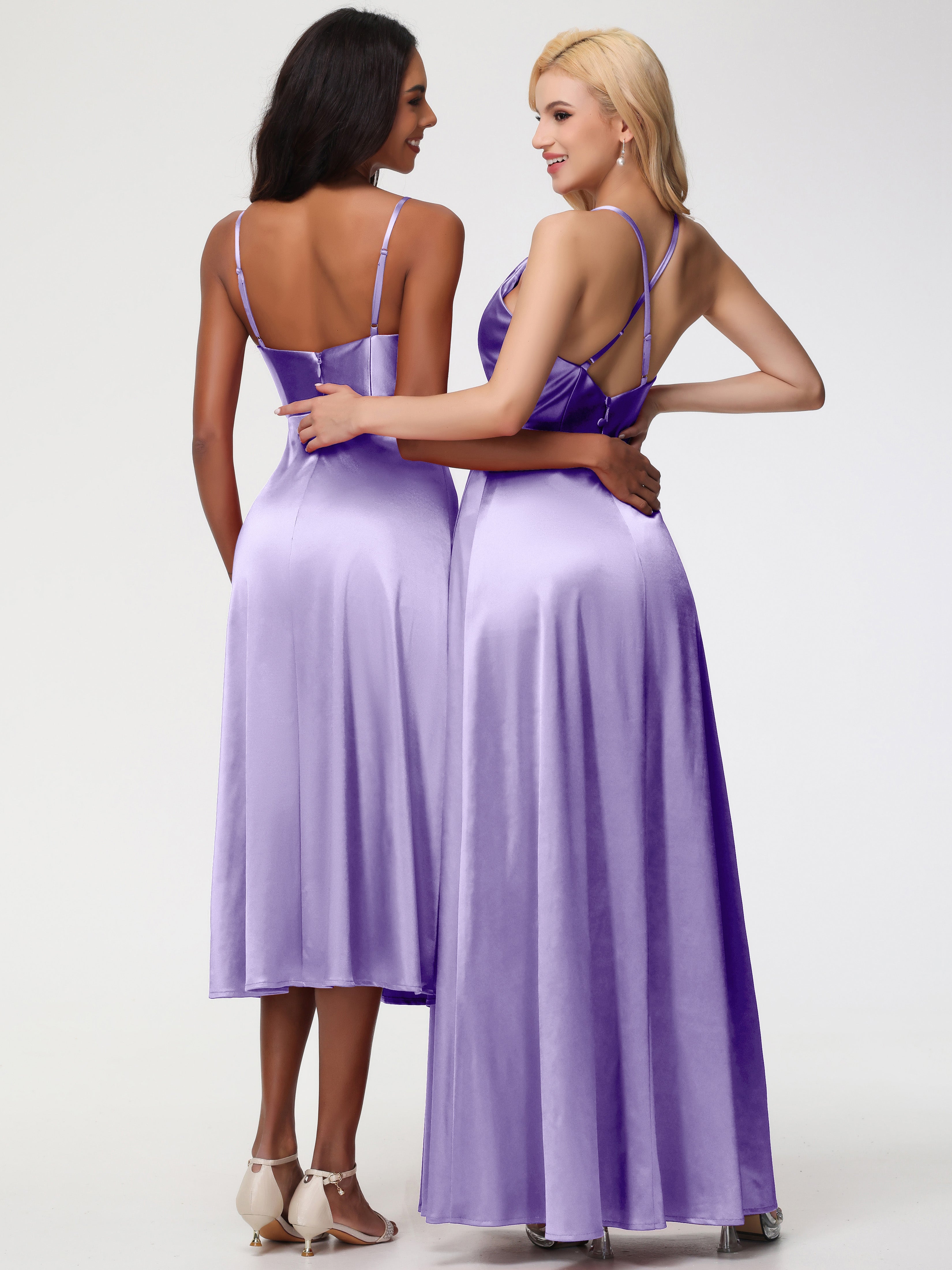 Robes De Demoiselle D'Honneur Tahiti Trapèze Col Bénitier Fendue Longueur Ras Du Sol Satin Extensible Robe De Demoiselle D'Honneur