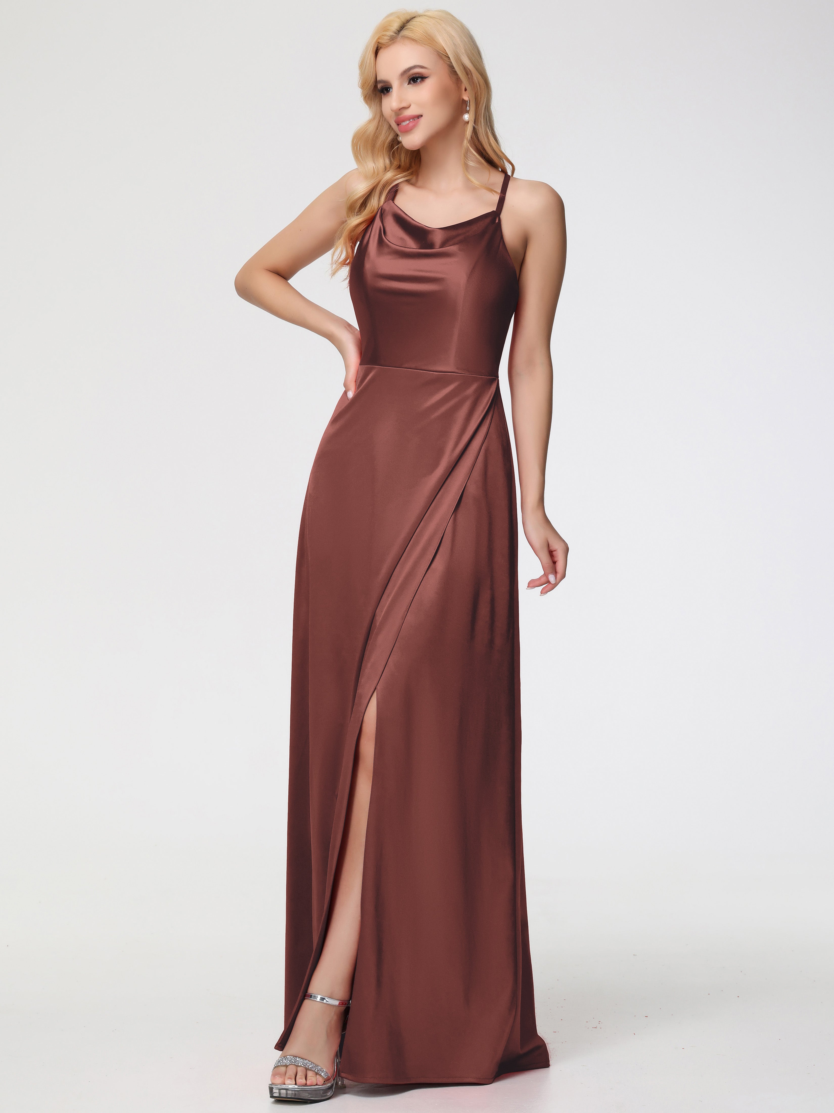Robes De Demoiselle D'Honneur En Terre Cuite Trapèze Col Bénitier Fendue Longueur Ras Du Sol Satin Extensible Robe De Demoiselle D'Honneur