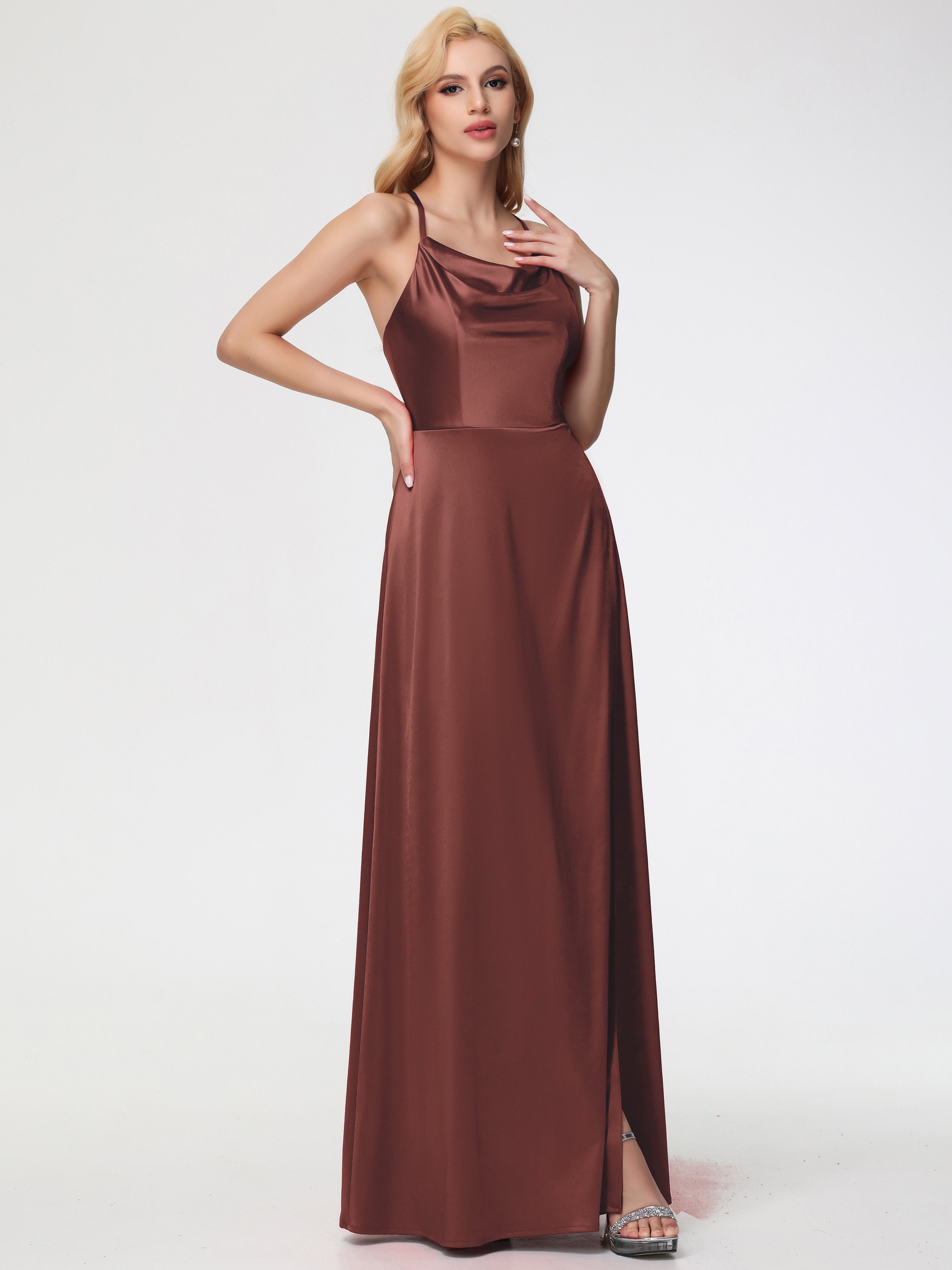 Robes De Demoiselle D'Honneur En Terre Cuite Trapèze Col Bénitier Fendue Longueur Ras Du Sol Satin Extensible Robe De Demoiselle D'Honneur