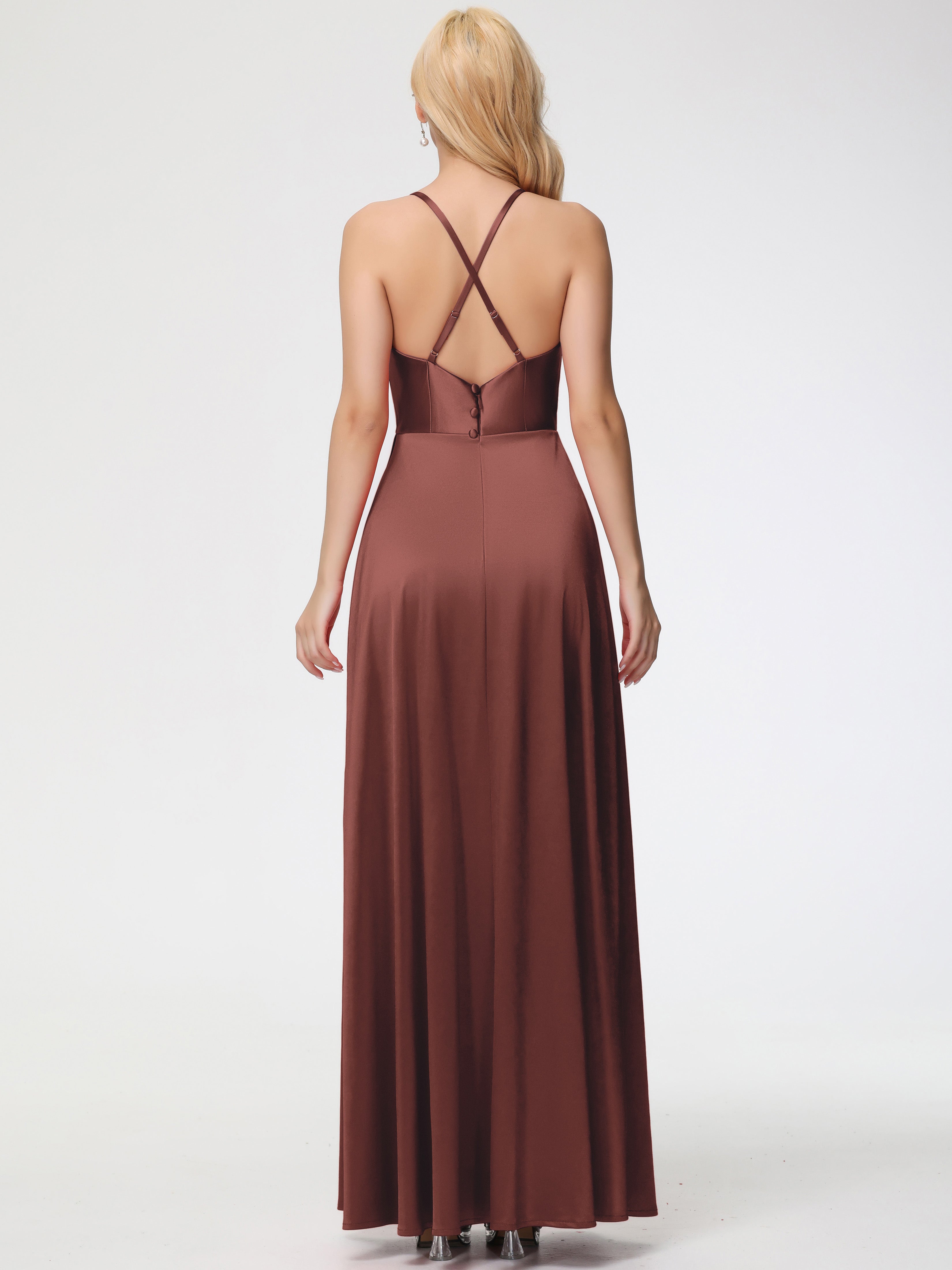Robes De Demoiselle D'Honneur En Terre Cuite Trapèze Col Bénitier Fendue Longueur Ras Du Sol Satin Extensible Robe De Demoiselle D'Honneur