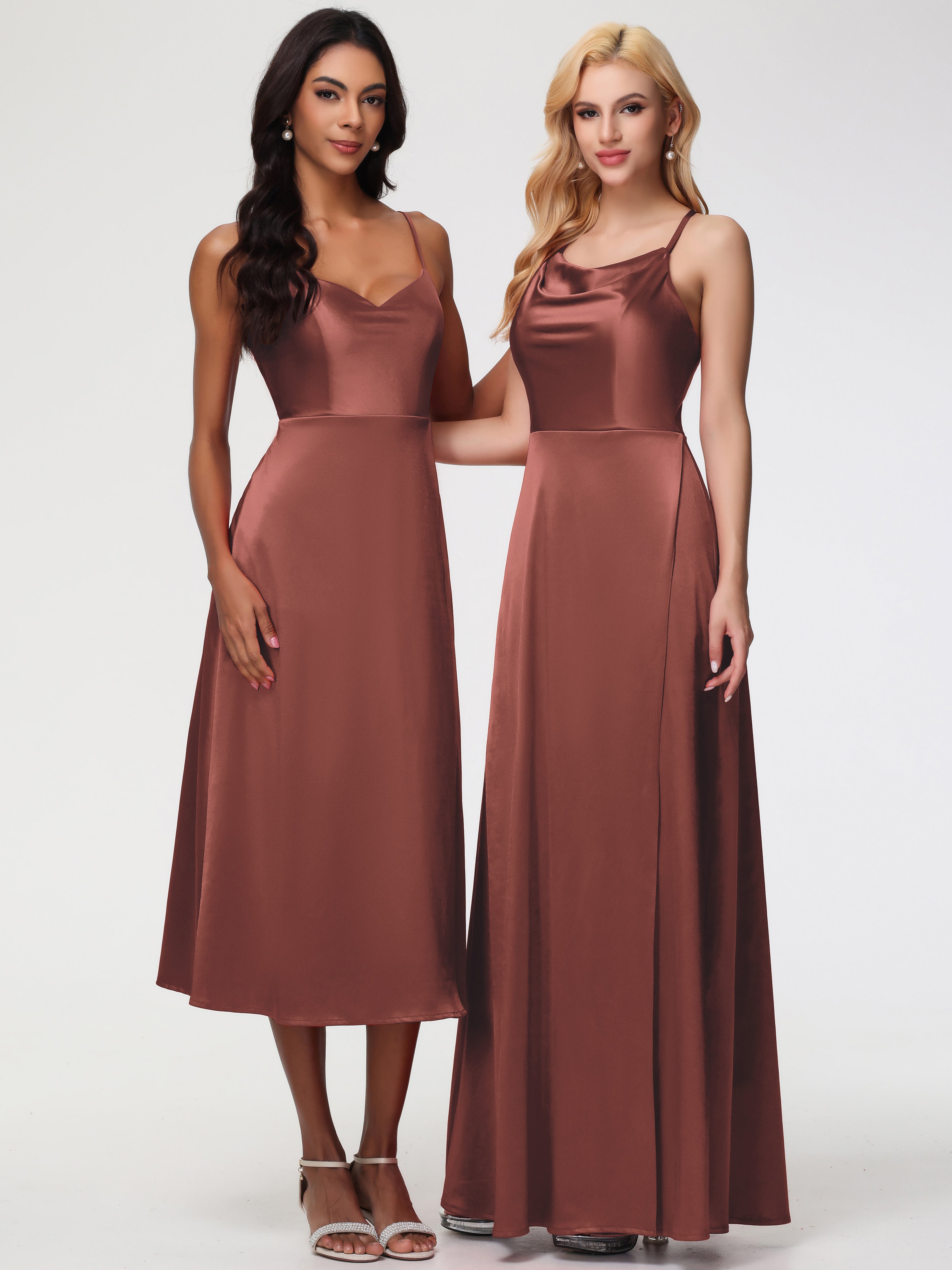 Robes De Demoiselle D'Honneur En Terre Cuite Trapèze Col Bénitier Fendue Longueur Ras Du Sol Satin Extensible Robe De Demoiselle D'Honneur