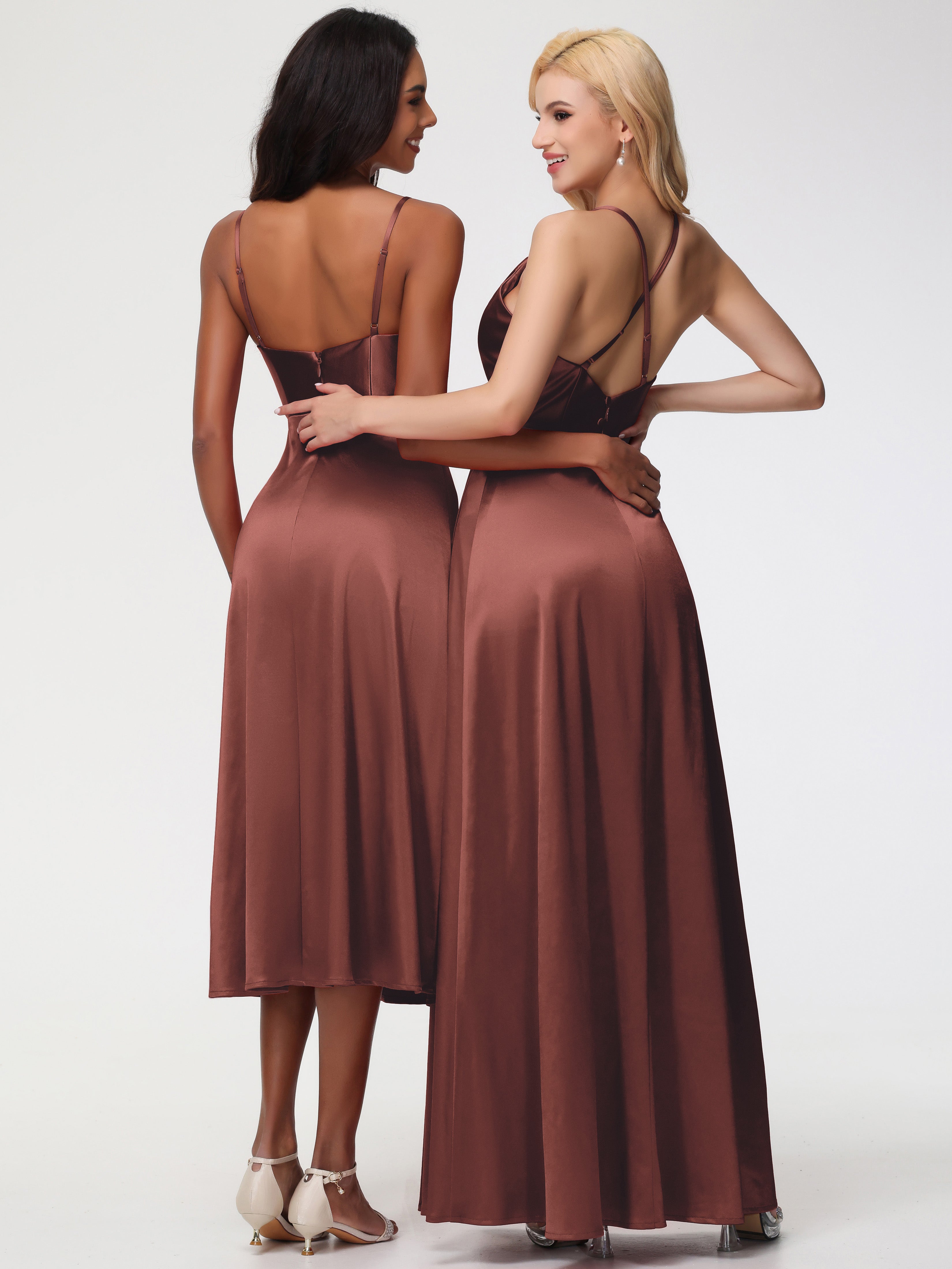 Robes De Demoiselle D'Honneur En Terre Cuite Trapèze Col Bénitier Fendue Longueur Ras Du Sol Satin Extensible Robe De Demoiselle D'Honneur