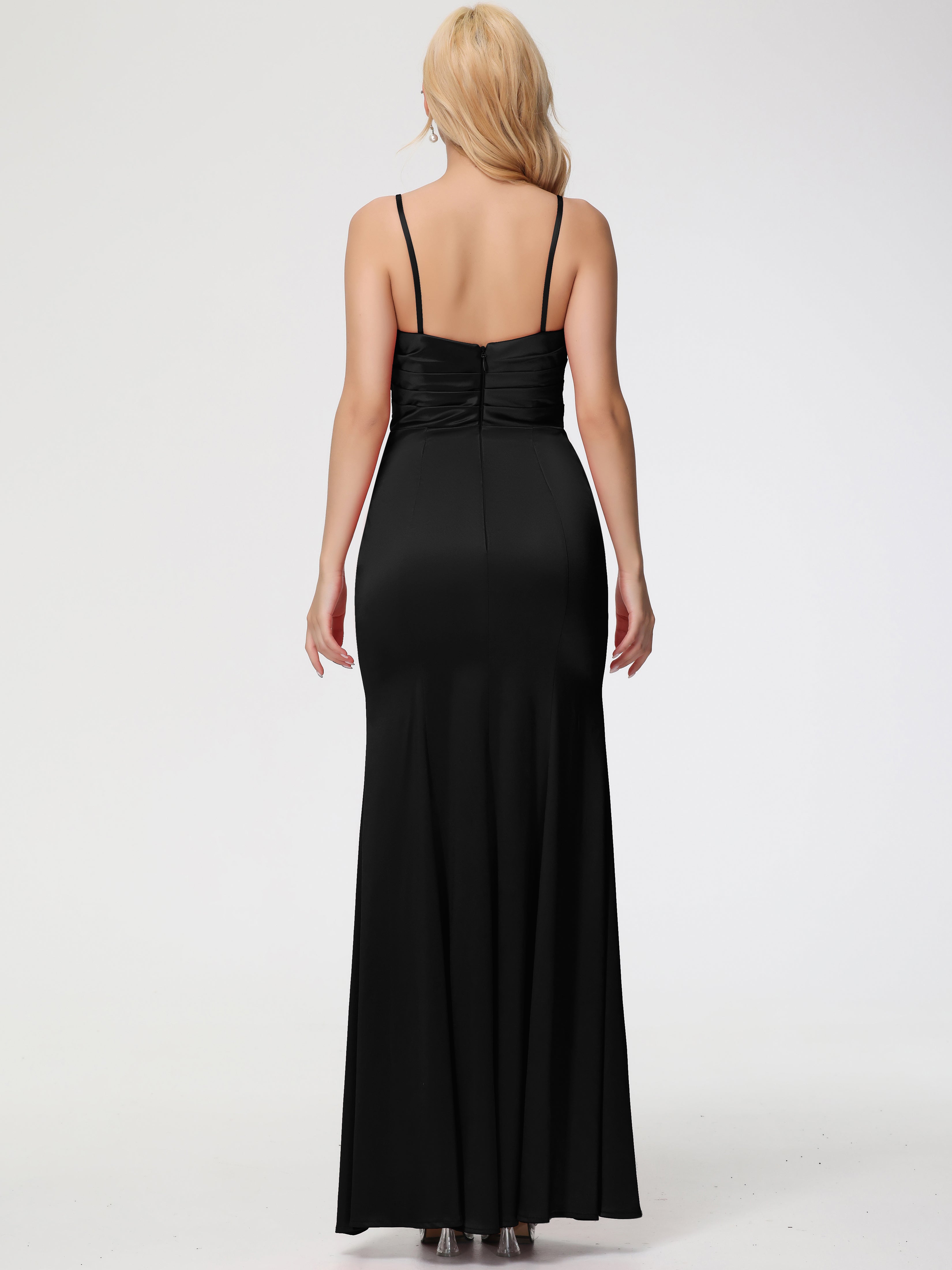 Robes De Demoiselle D'Honneur Noires Bon Marché Trapèze Col Coeur Fendue Longueur Ras Du Sol Satin Extensible Robe De Demoiselle D'Honneur Robe Plissé