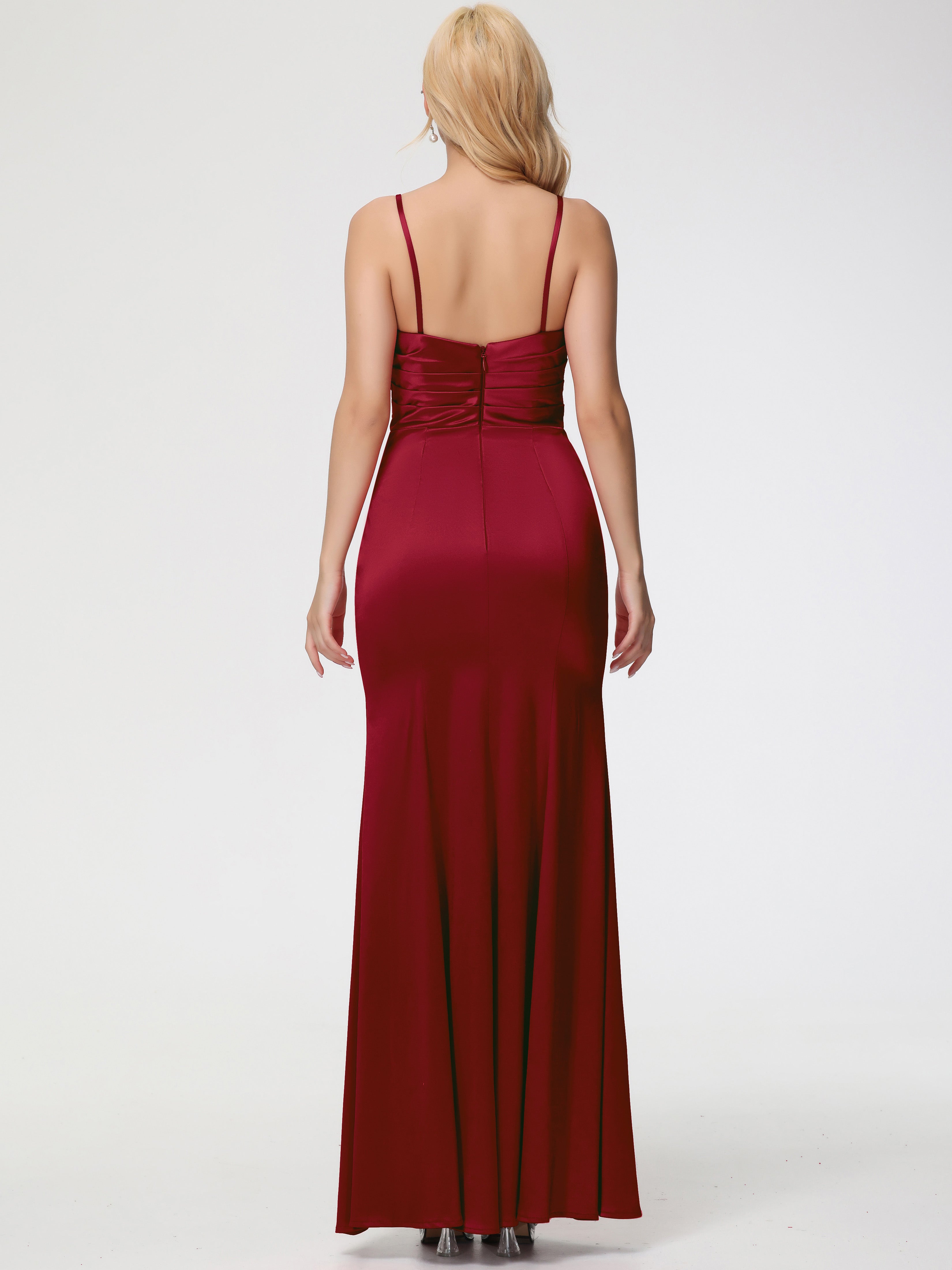 Robes De Demoiselle D'Honneur Bordeaux Longues Trapèze Col Coeur Fendue Longueur Ras Du Sol Satin Extensible Robe De Demoiselle D'Honneur Robe Plissé