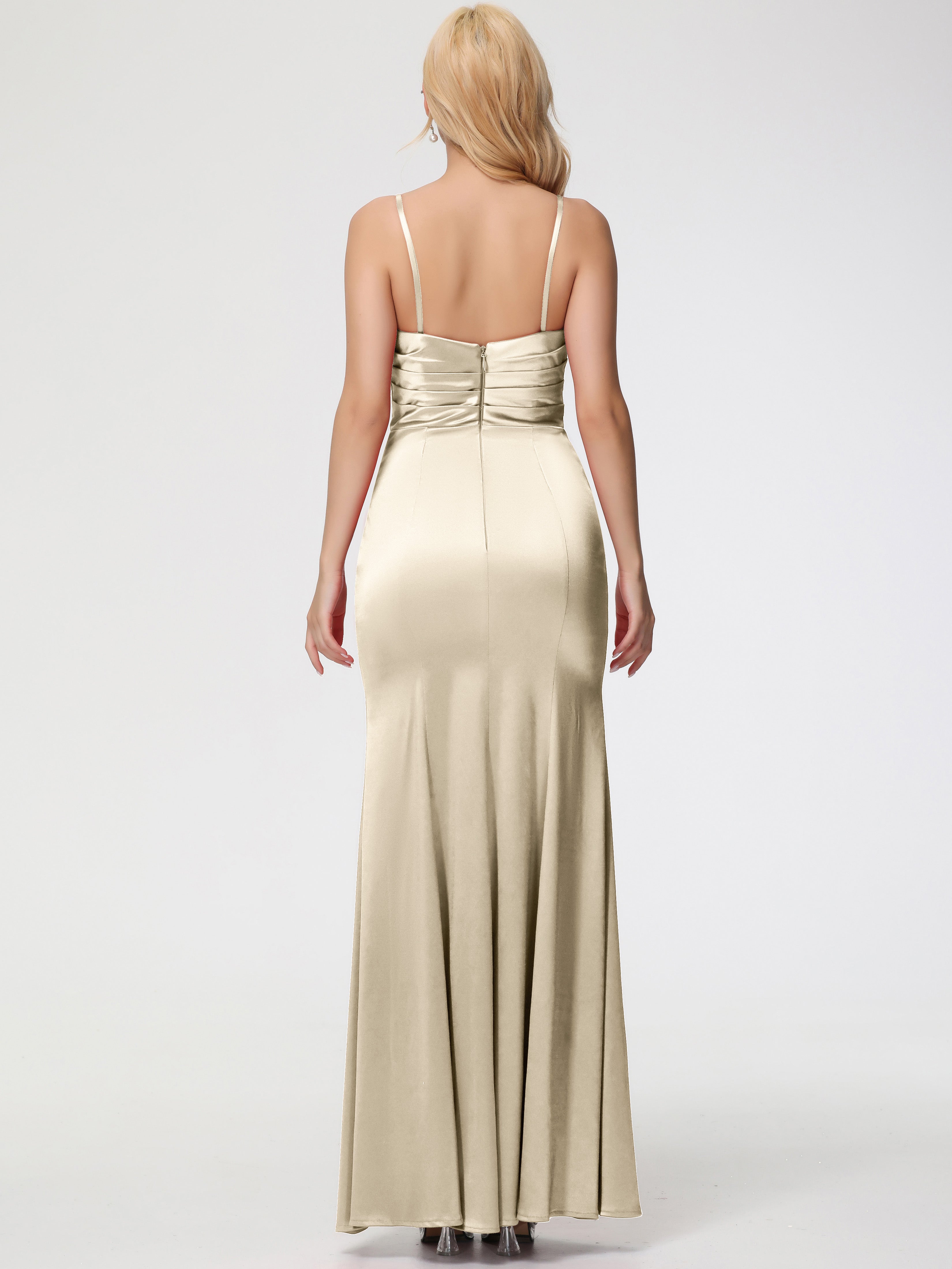 Robe De Demoiselle D'Honneur Champagne Trapèze Col Coeur Fendue Longueur Ras Du Sol Satin Extensible Robe De Demoiselle D'Honneur Robe Plissé