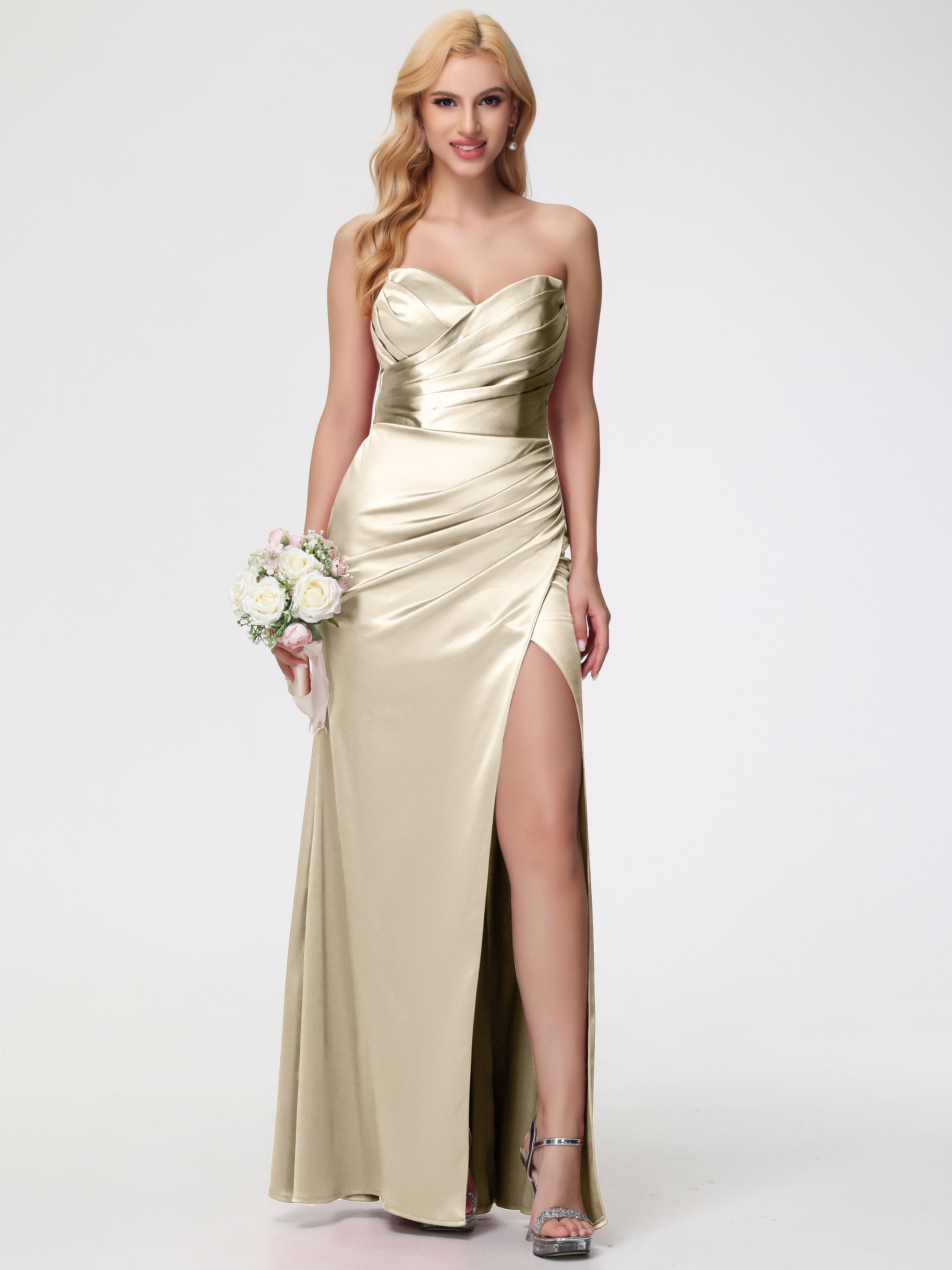 Robe De Demoiselle D'Honneur Champagne Trapèze Col Coeur Fendue Longueur Ras Du Sol Satin Extensible Robe De Demoiselle D'Honneur Robe Plissé