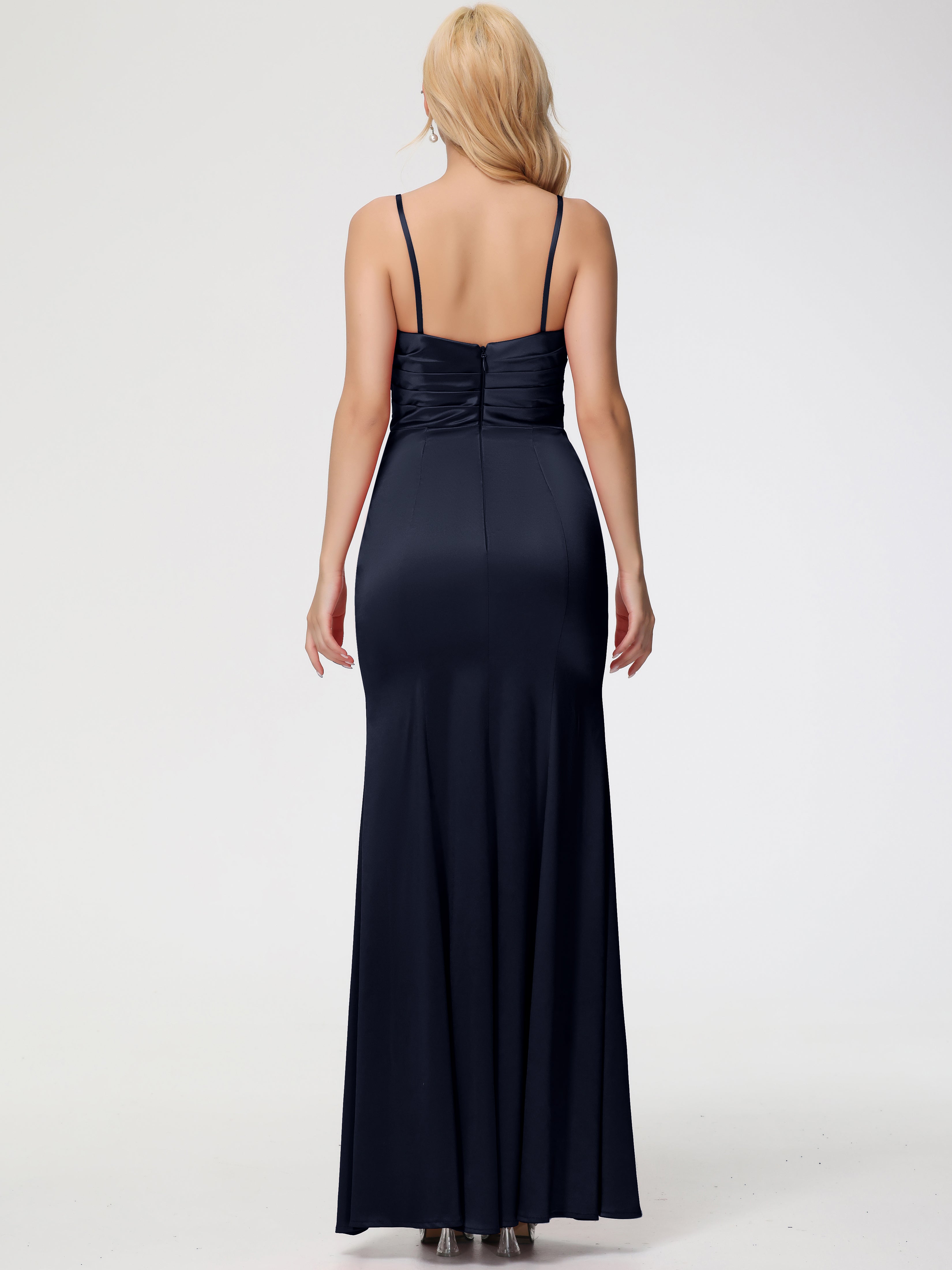 Robes De Demoiselle D'Honneur Bleu Marine Modestes Trapèze Col Coeur Fendue Longueur Ras Du Sol Satin Extensible Robe De Demoiselle D'Honneur Robe Plissé