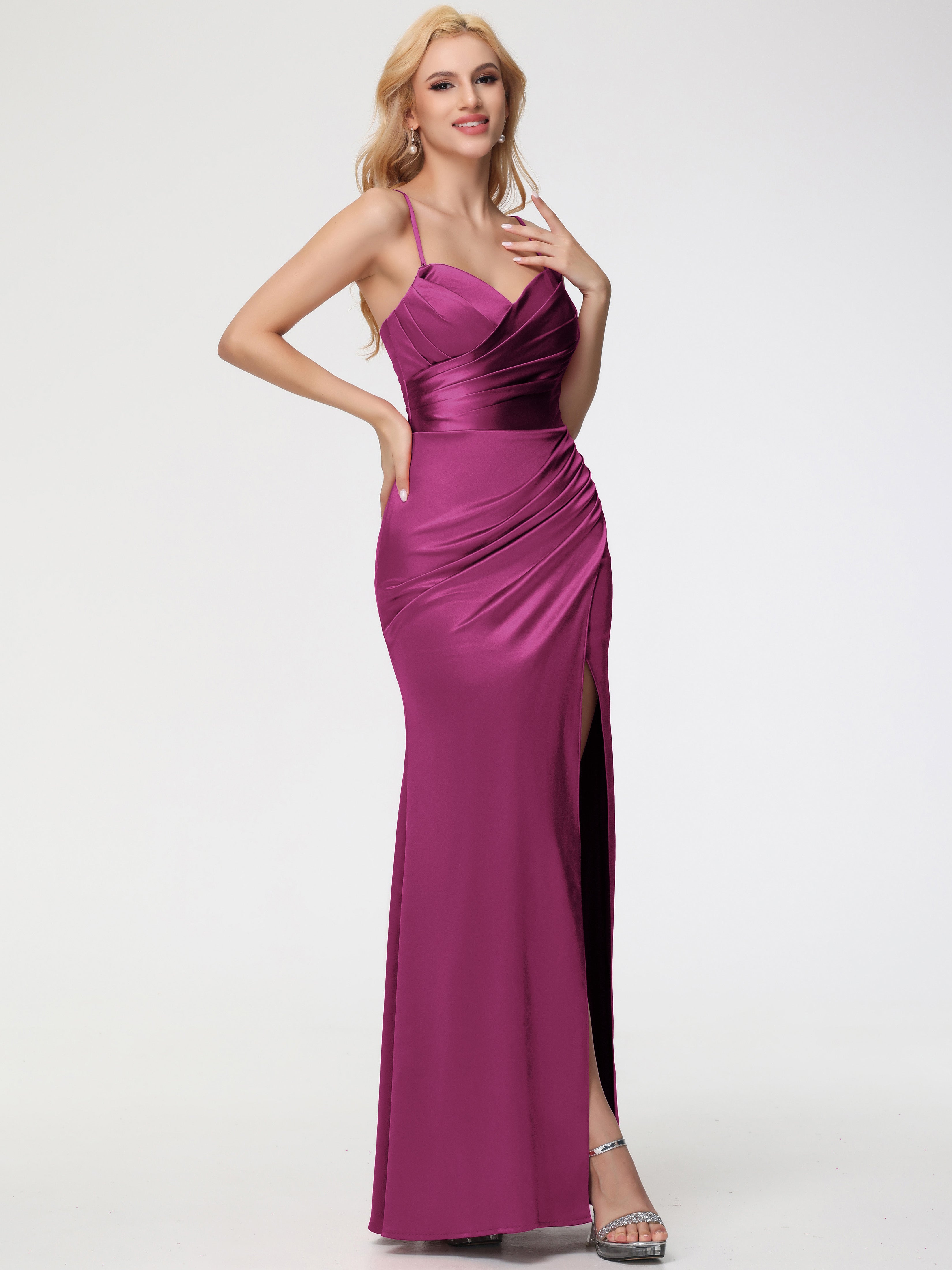 Robes De Demoiselle D'Honneur Couleur Rose Fuchsia Trapèze Col Coeur Fendue Longueur Ras Du Sol Satin Extensible Robe De Demoiselle D'Honneur Robe Plissé