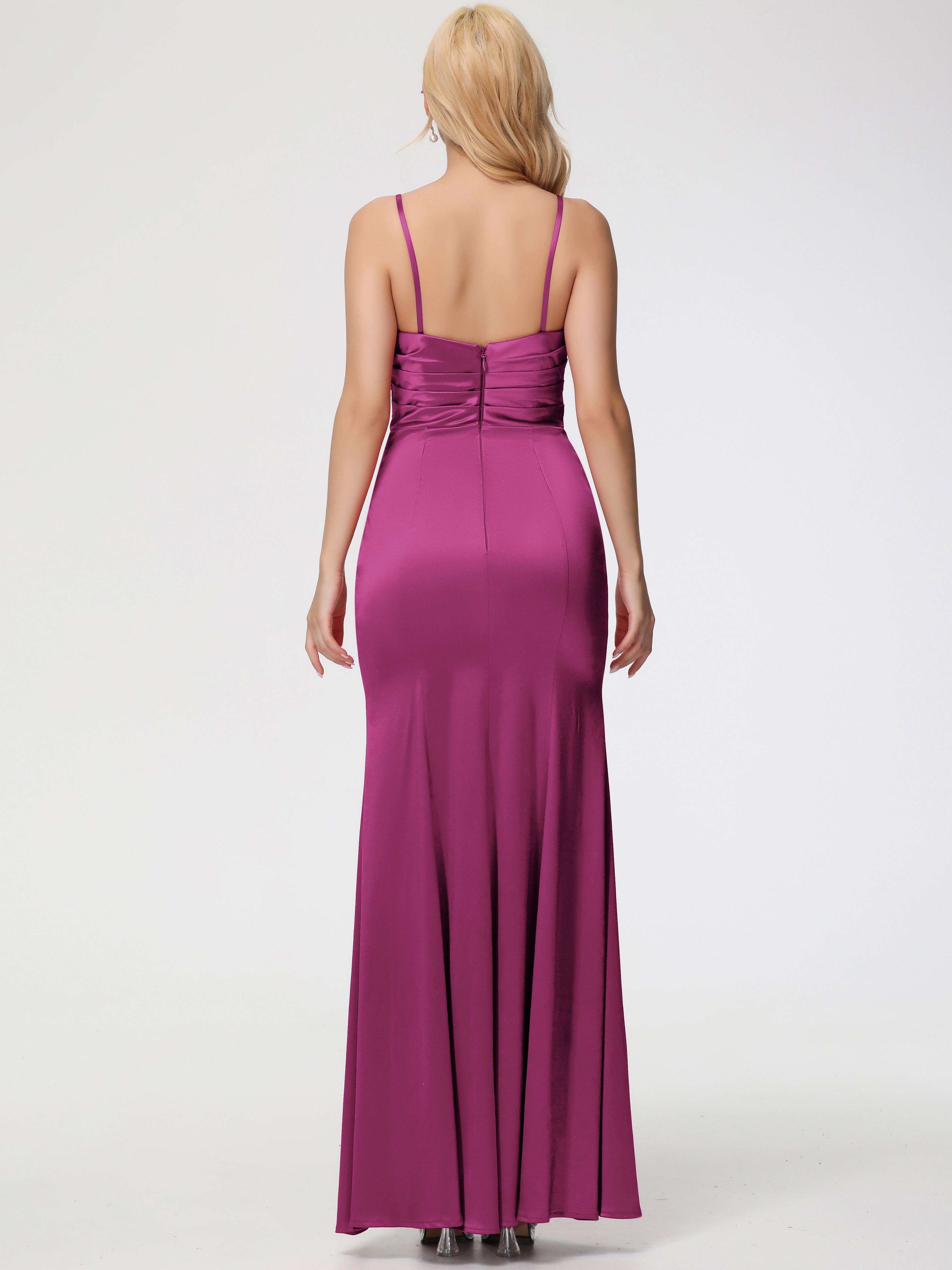Robes De Demoiselle D'Honneur Couleur Rose Fuchsia Trapèze Col Coeur Fendue Longueur Ras Du Sol Satin Extensible Robe De Demoiselle D'Honneur Robe Plissé