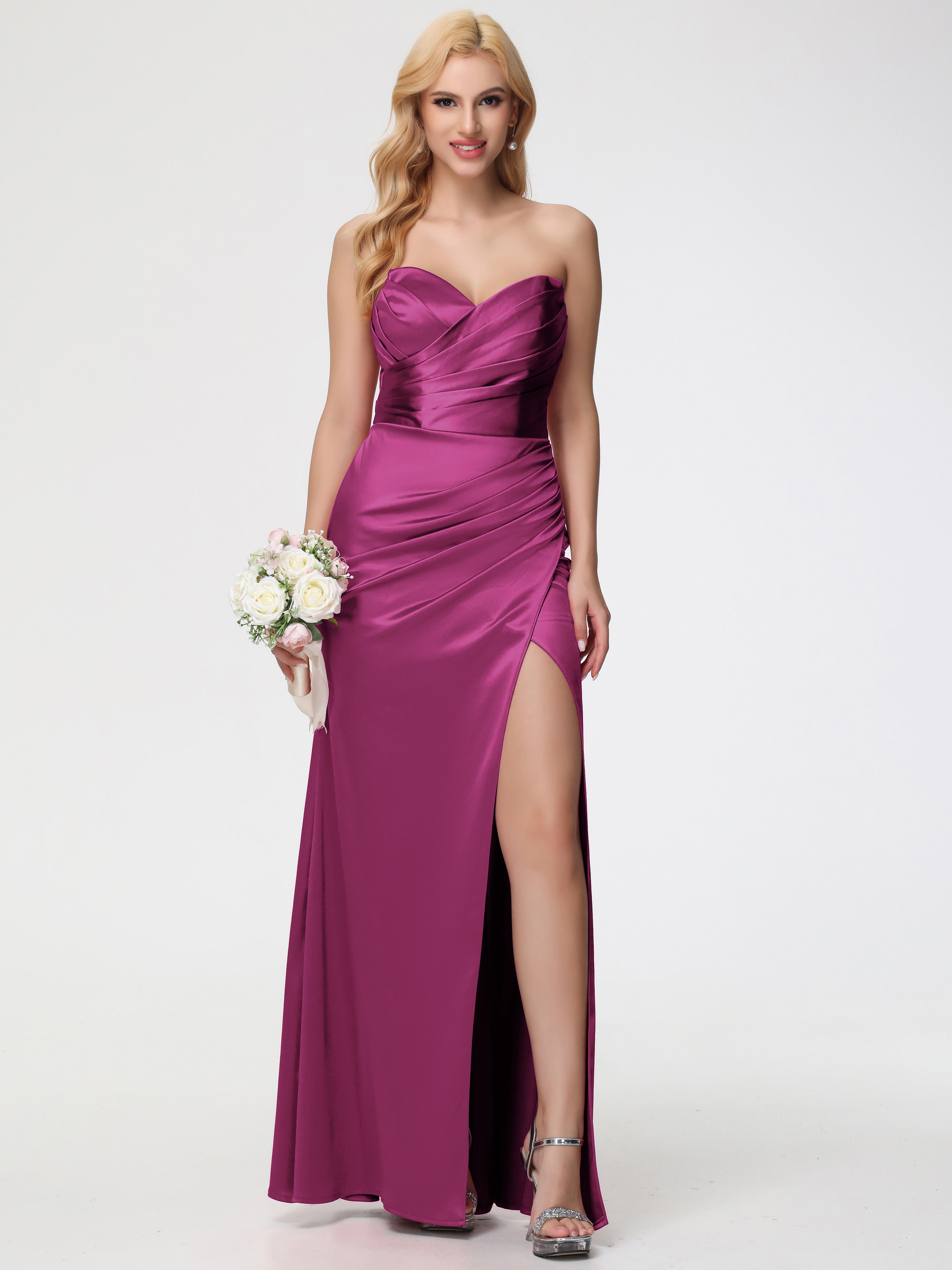 Robes De Demoiselle D'Honneur Couleur Rose Fuchsia Trapèze Col Coeur Fendue Longueur Ras Du Sol Satin Extensible Robe De Demoiselle D'Honneur Robe Plissé