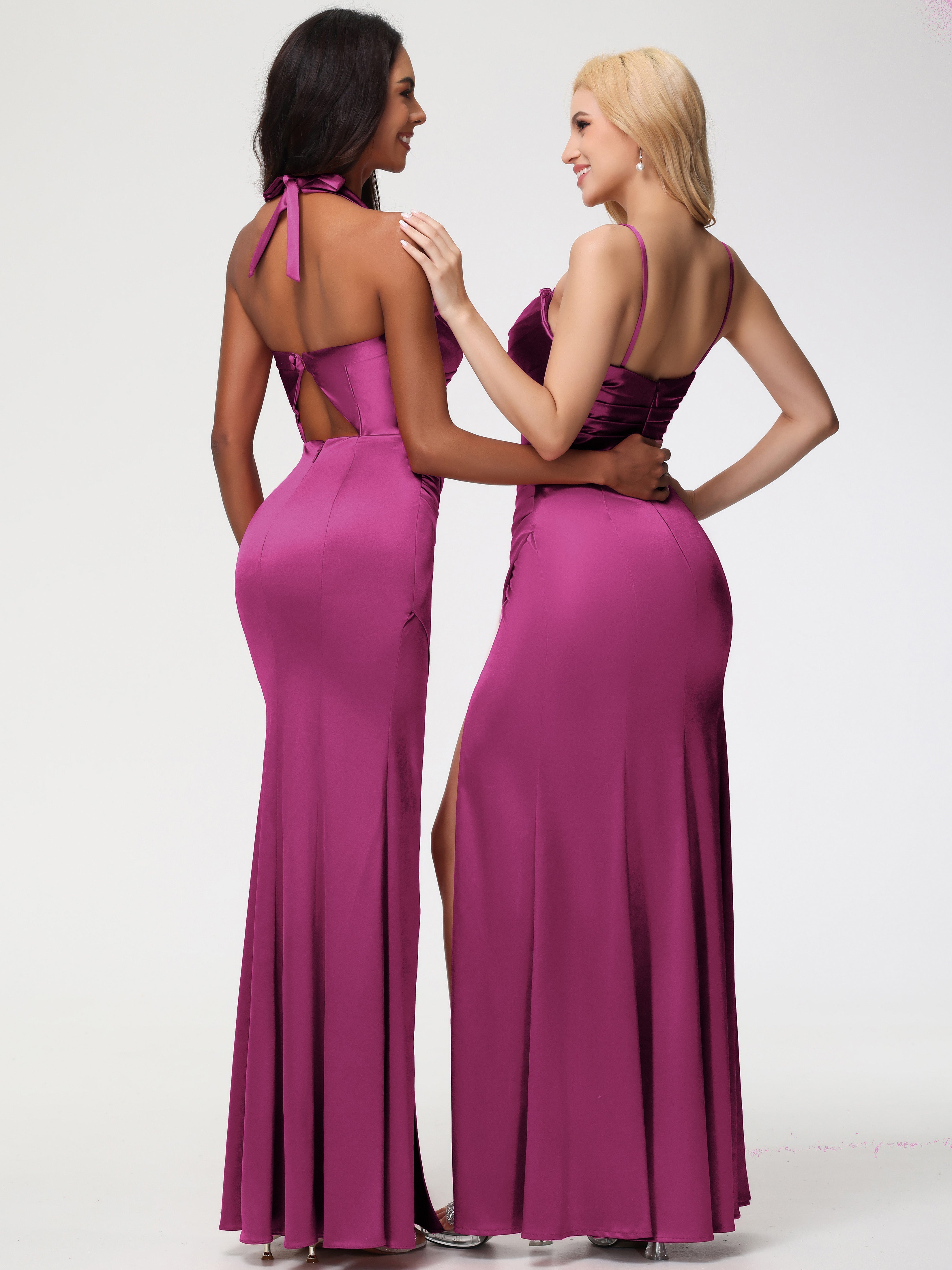 Robes De Demoiselle D'Honneur Couleur Rose Fuchsia Trapèze Col Coeur Fendue Longueur Ras Du Sol Satin Extensible Robe De Demoiselle D'Honneur Robe Plissé