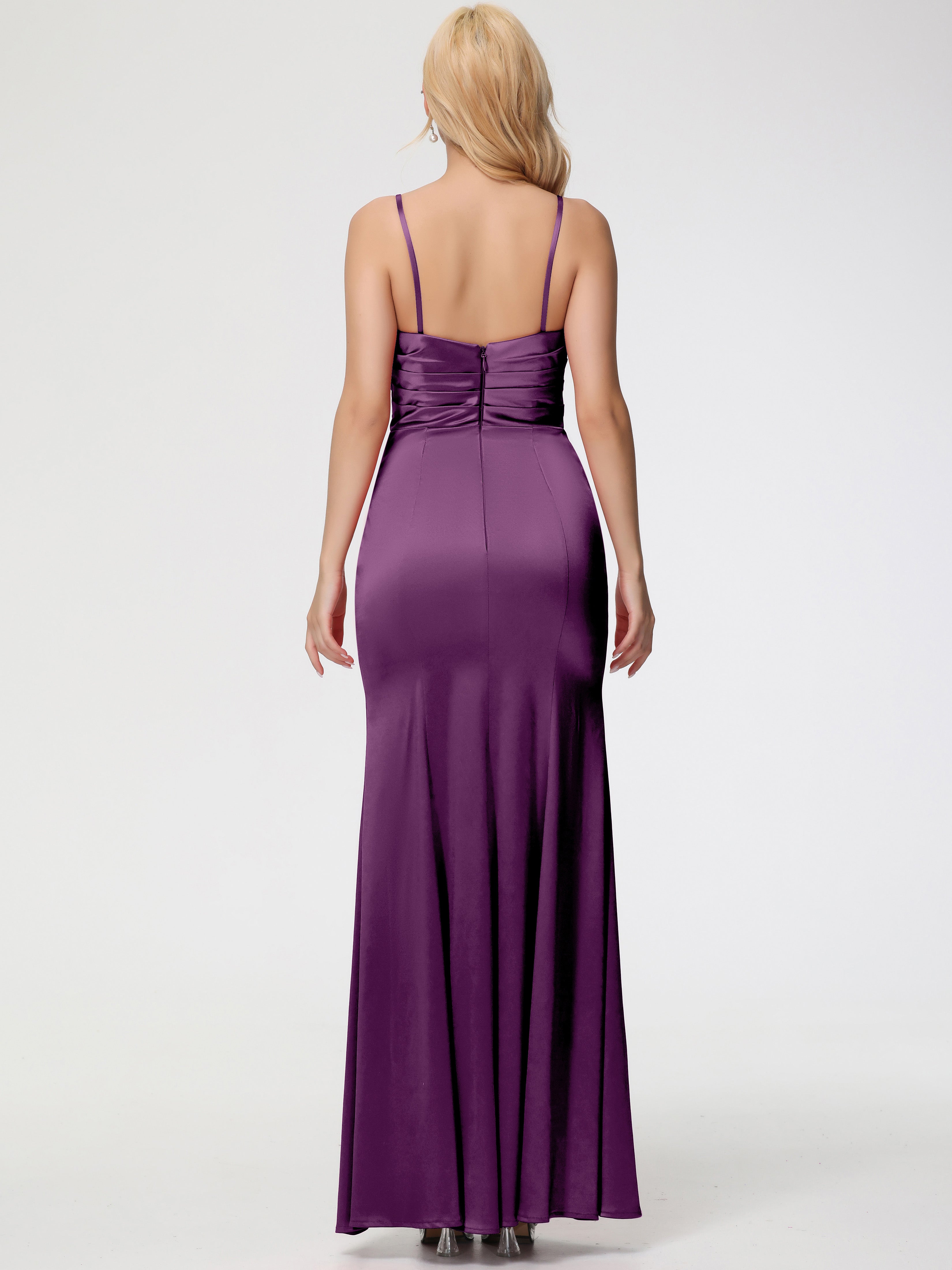Robes De Demoiselle D'Honneur En Raisin Trapèze Col Coeur Fendue Longueur Ras Du Sol Satin Extensible Robe De Demoiselle D'Honneur Robe Plissé