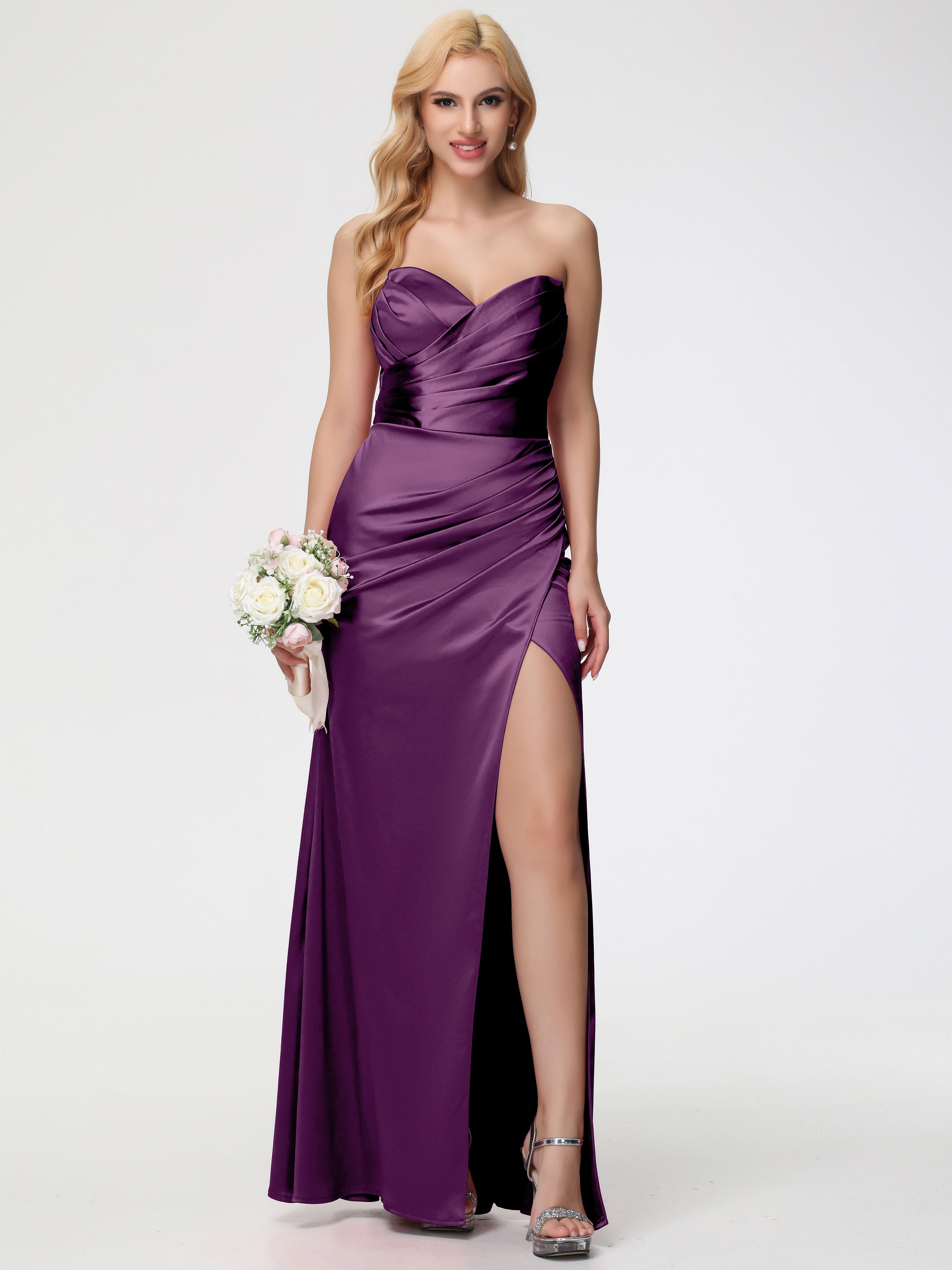 Robes De Demoiselle D'Honneur En Raisin Trapèze Col Coeur Fendue Longueur Ras Du Sol Satin Extensible Robe De Demoiselle D'Honneur Robe Plissé