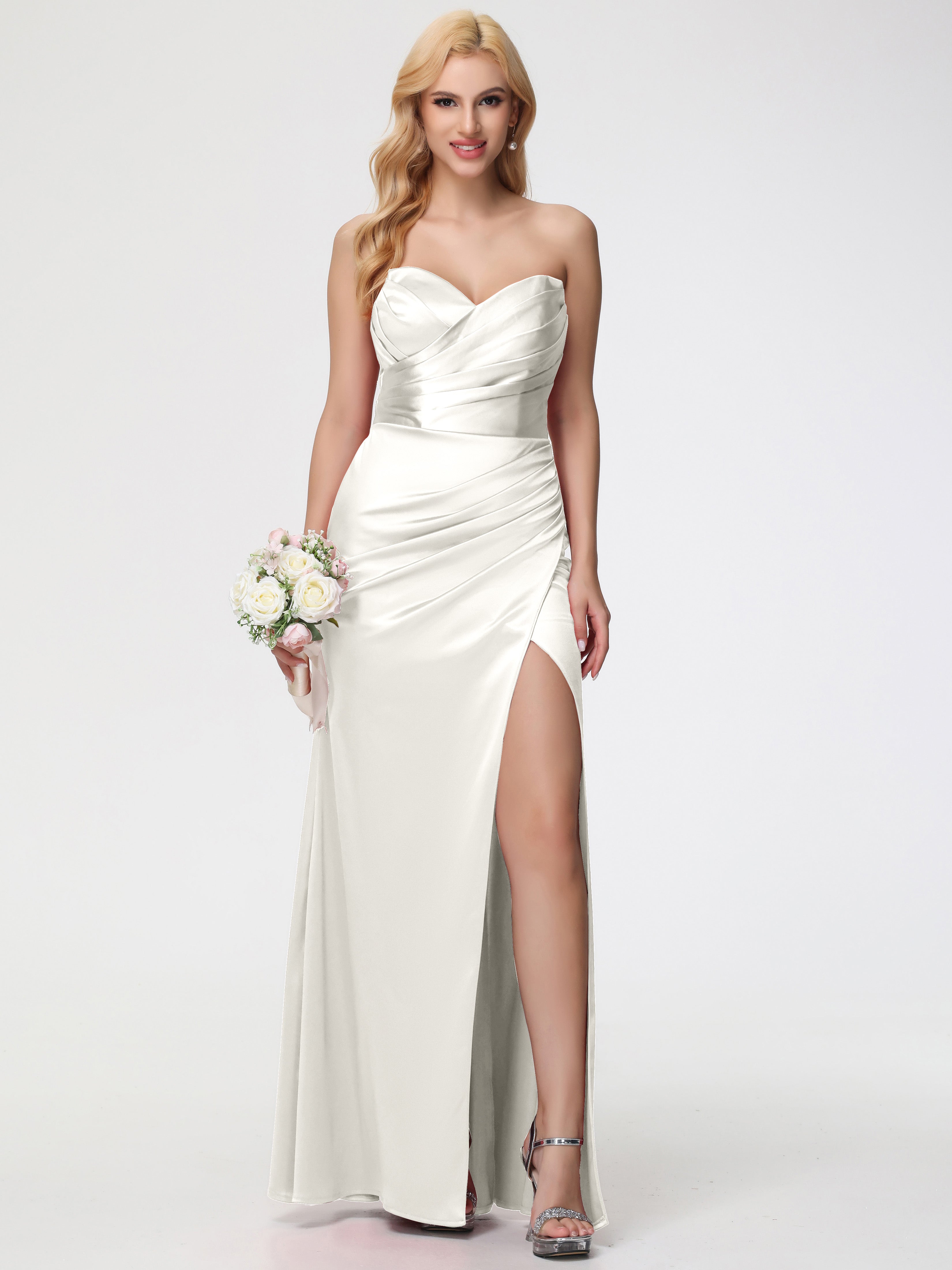 Robes De Demoiselle D'Honneur Ivoire Trapèze Col Coeur Fendue Longueur Ras Du Sol Satin Extensible Robe De Demoiselle D'Honneur Robe Plissé