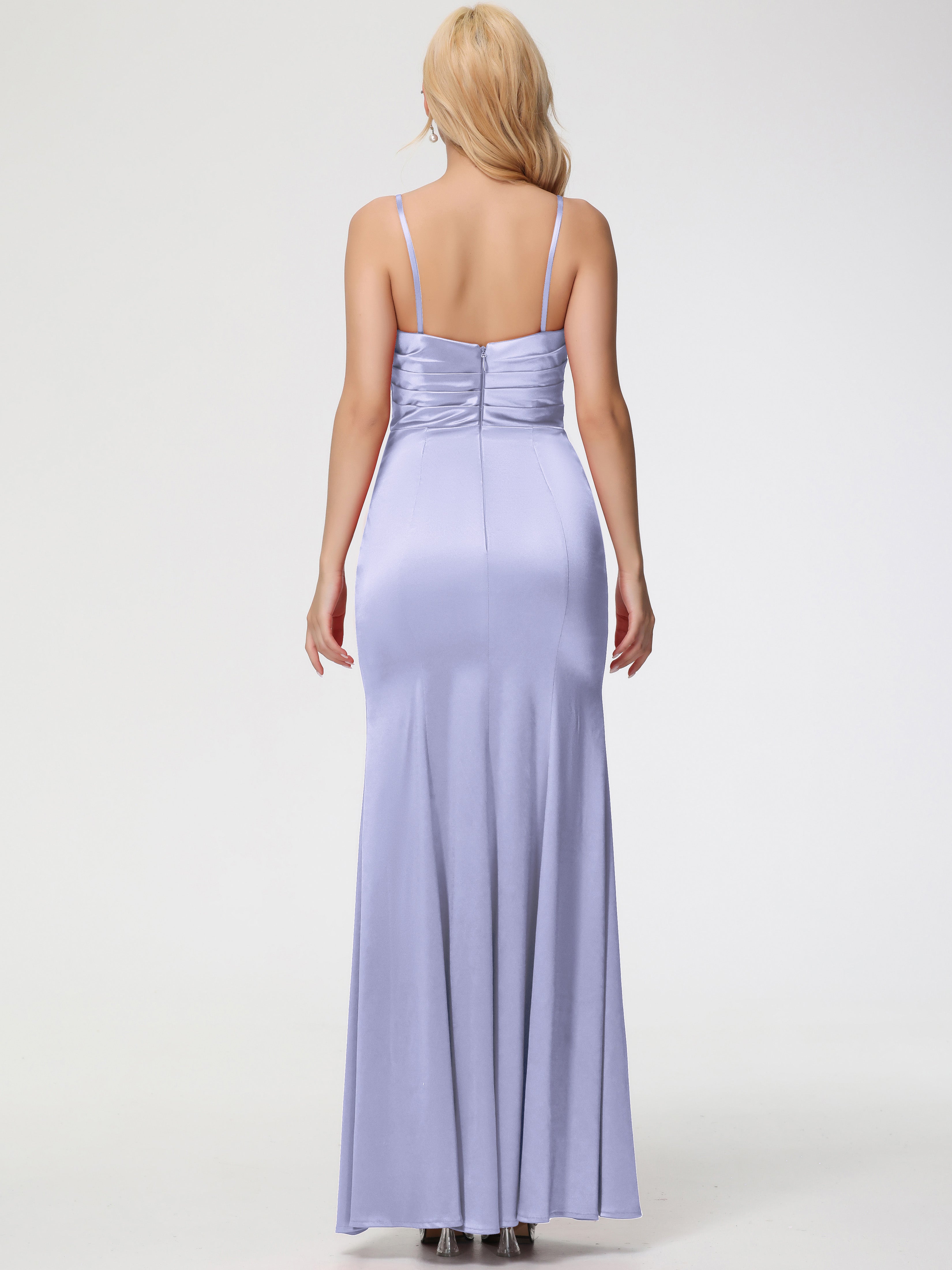 Robes De Demoiselle D'Honneur Lavande Trapèze Col Coeur Fendue Longueur Ras Du Sol Satin Extensible Robe De Demoiselle D'Honneur Robe Plissé